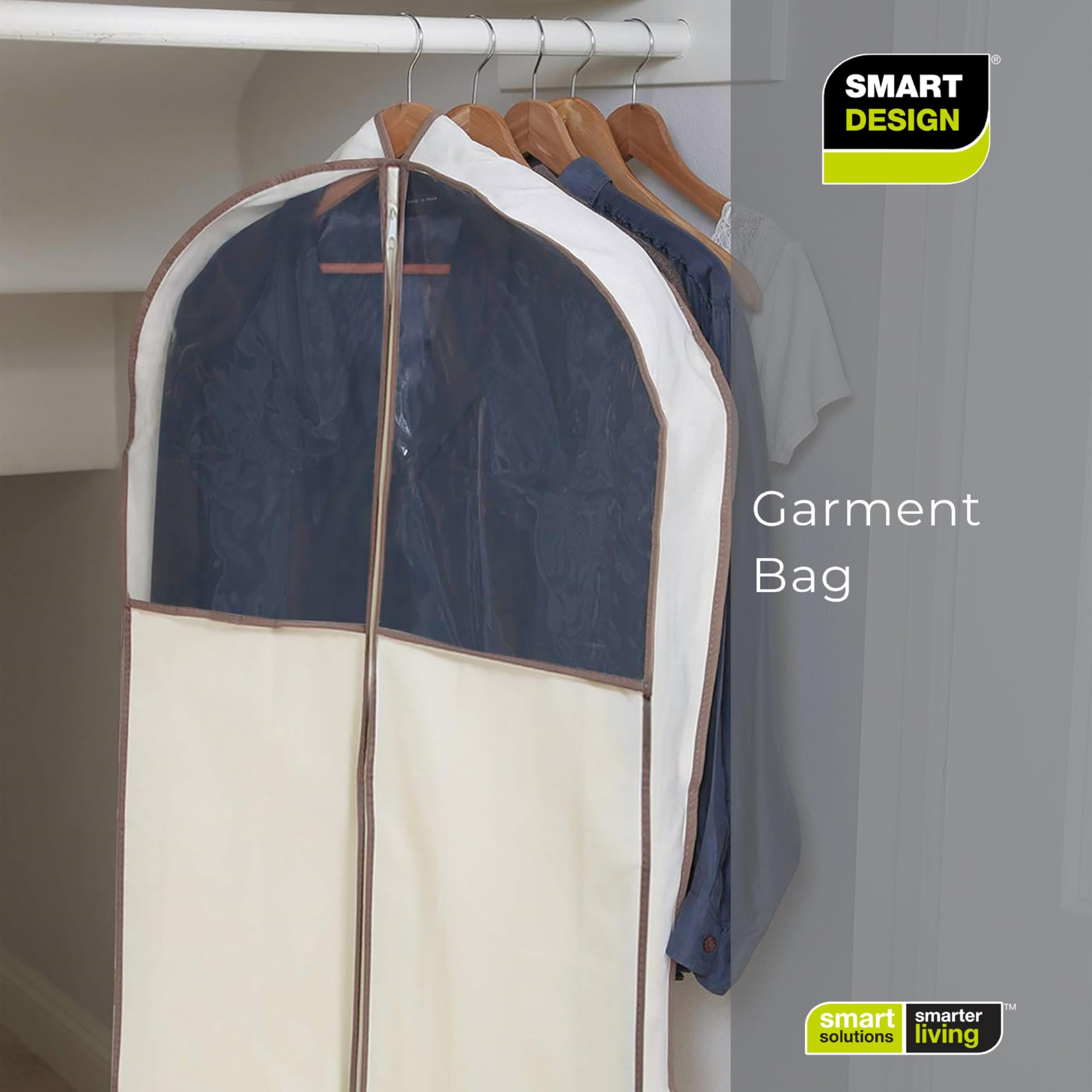 Smart Design Gusseted Garment Bag Hanger - 24 x 42 Inch Clothing Storage Cover with Zipper Closure & Travel Loop - Suit and Dress Organizer for Travel, Closet, Wardrobe - Beige - Perfect for Business Trips, Wedding Dress Storage & Seasonal Clothing Protection