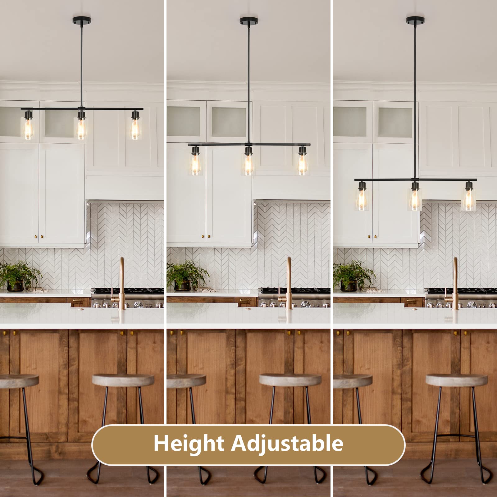 3-Light Modern Chandelier Kitchen Island Pendant Lighting - Adjustable Height Industrial Style Fixture for Dining Room, Living Room, Bedroom & Foyer - Perfect for Home Decor, Farmhouse Kitchen & Open Concept Spaces