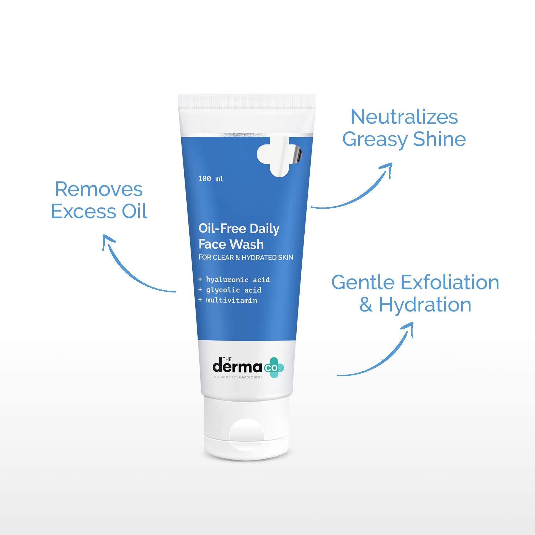 The Derma Co Oil-Free Daily Face Wash with Hyaluronic Acid, Glycolic Acid & Multivitamins - Gentle Cleanser for Clear, Hydrated Skin - 100ml - Perfect for Morning & Night Skincare Routine