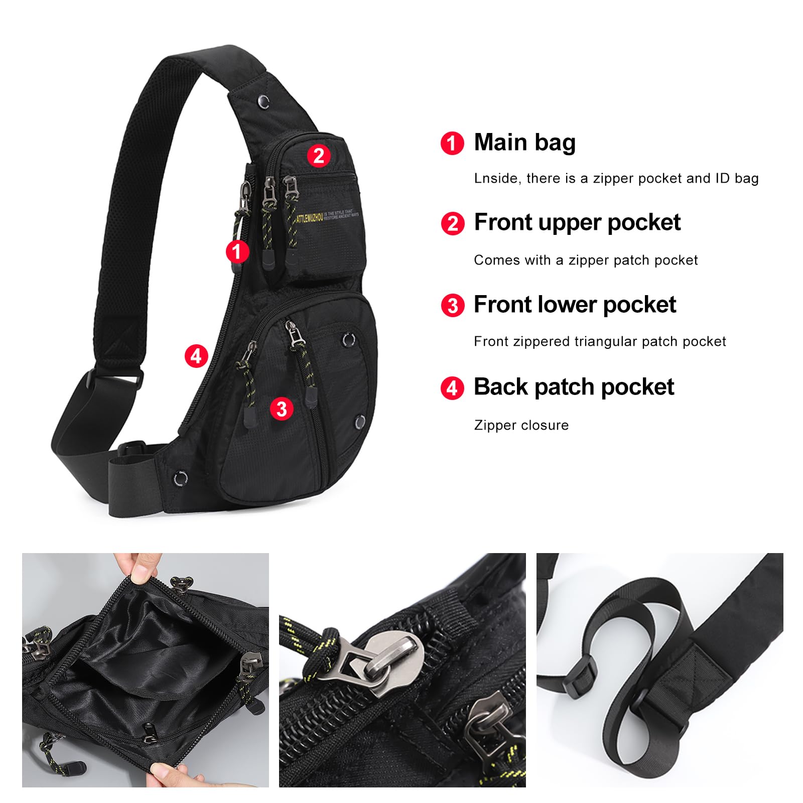 Men's Sling Bag Crossbody Shoulder Bag - Lightweight Durable Travel Backpack for Hiking, Outdoor Adventures & Daily Commute - Black