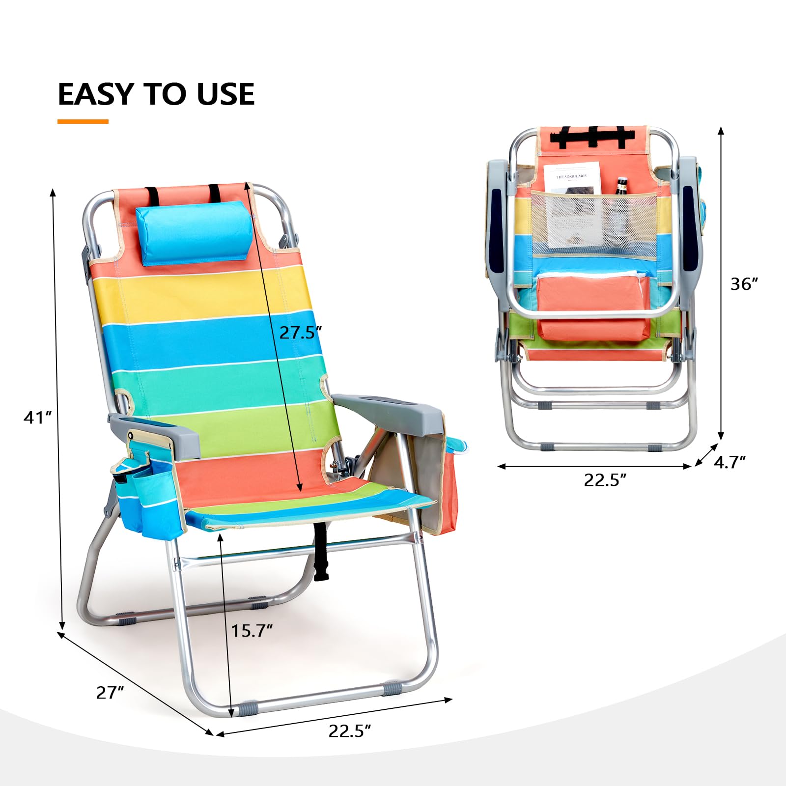 VINGLI 2 Pack Tall Beach Chairs with 5-Position Recline, Built-in Cooler Bag, Cup Holders & Towel Bar - Lightweight Folding Camping Chairs for Adults (Rainbow-16) - Perfect for Beach, Poolside, Backyard & Outdoor Relaxation