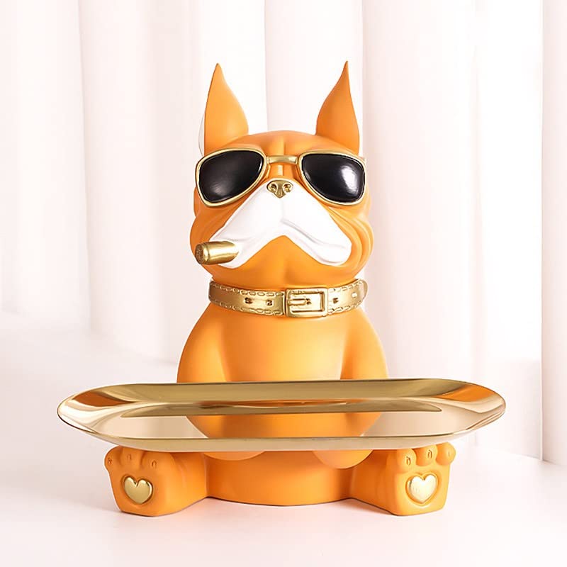 12'' Desktop Bulldog Figurine with Storage Tray - Watch, Key, Snack & Jewelry Holder - Resin Decorative Statue for Home & Office Desk (Color: Gold) | Perfect for Organizing Small Items and Adding Stylish Decor