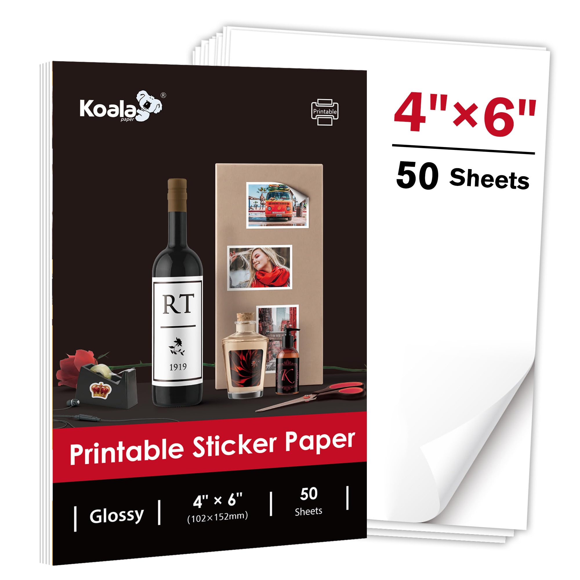 Koala Glossy Sticker Paper for Inkjet Printer - 4x6 Inch, 50 Sheets White Printable Self-Adhesive Photo Paper - Perfect for DIY Labels, Scrapbooking & Craft Projects