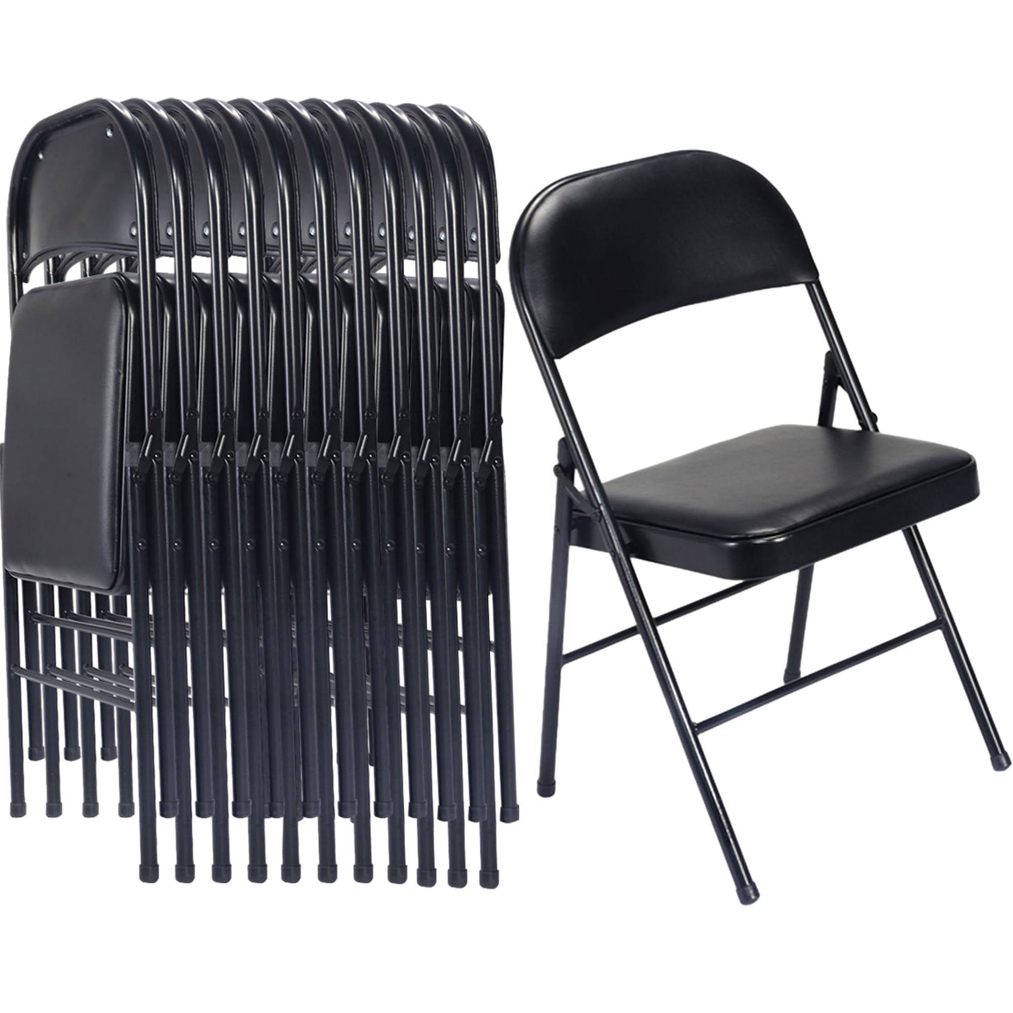 12 Pack Black Folding Chairs with PU Padded Seats - Heavy Duty Steel Frame Stackable Chairs for Indoor Outdoor Use - 330lbs Capacity - Perfect for Office, Wedding, Party, Banquet & Events