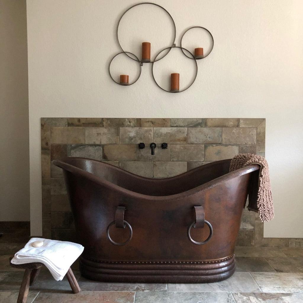 Premier 60-Inch Hammered Copper Double Slipper Bathtub with Rings - Freestanding Soaking Tub for Luxury Bathroom & Spa Relaxation (BTDR60DB)