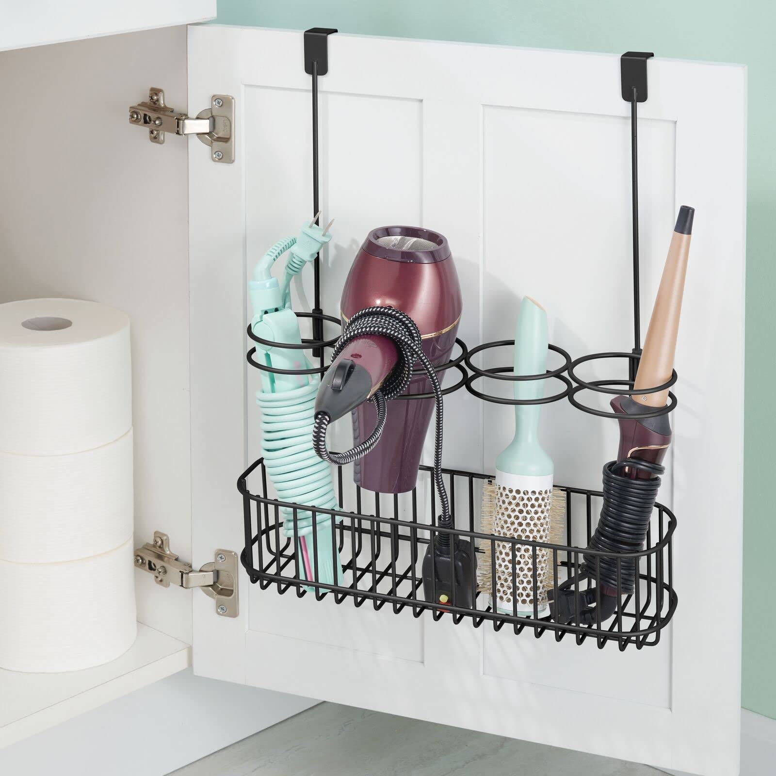 mDesign Metal Bathroom 4-Section Storage Organizer - Over Cabinet Door Hanging Basket for Hair Dryer, Straightener, Curling Iron & Styling Products - Concerto Collection in Black - Perfect for Small Bathroom Organization & Styling Tool Storage