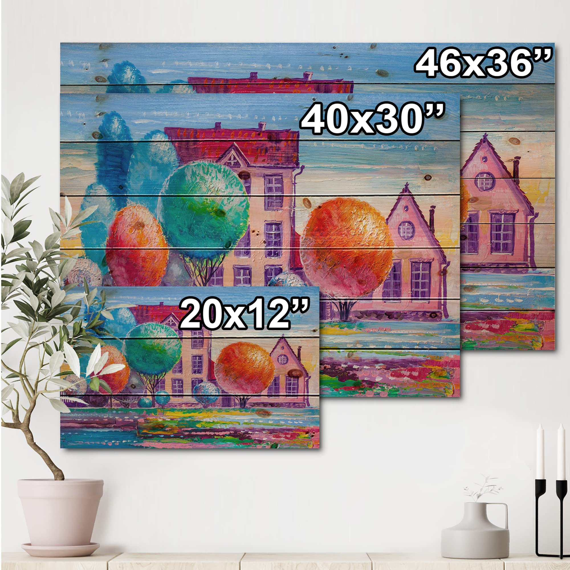 DesignQ Daydream House In The Village Traditional Wood Wall Decor - Red Wood Wall Art, Large Landscape Wood Panels Printed on Natural Pine - Perfect for Living Room, Bedroom & Office Decor