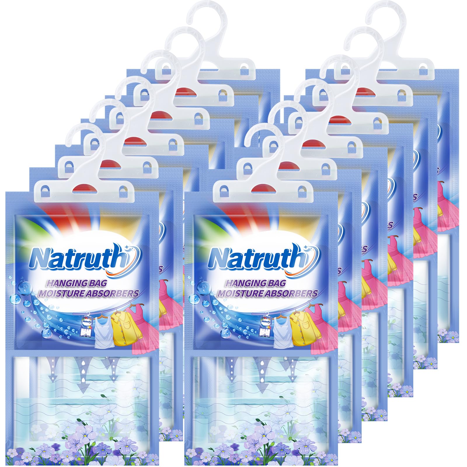 12-Pack Moisture Absorber Bags with Fresh Linen Scent - Hanging Dehumidifier for Closet, Wardrobe, Kitchen & Bathroom - Odor Eliminator & Dampness Control - Ideal for Small Spaces, Storage Areas and Humid Environments