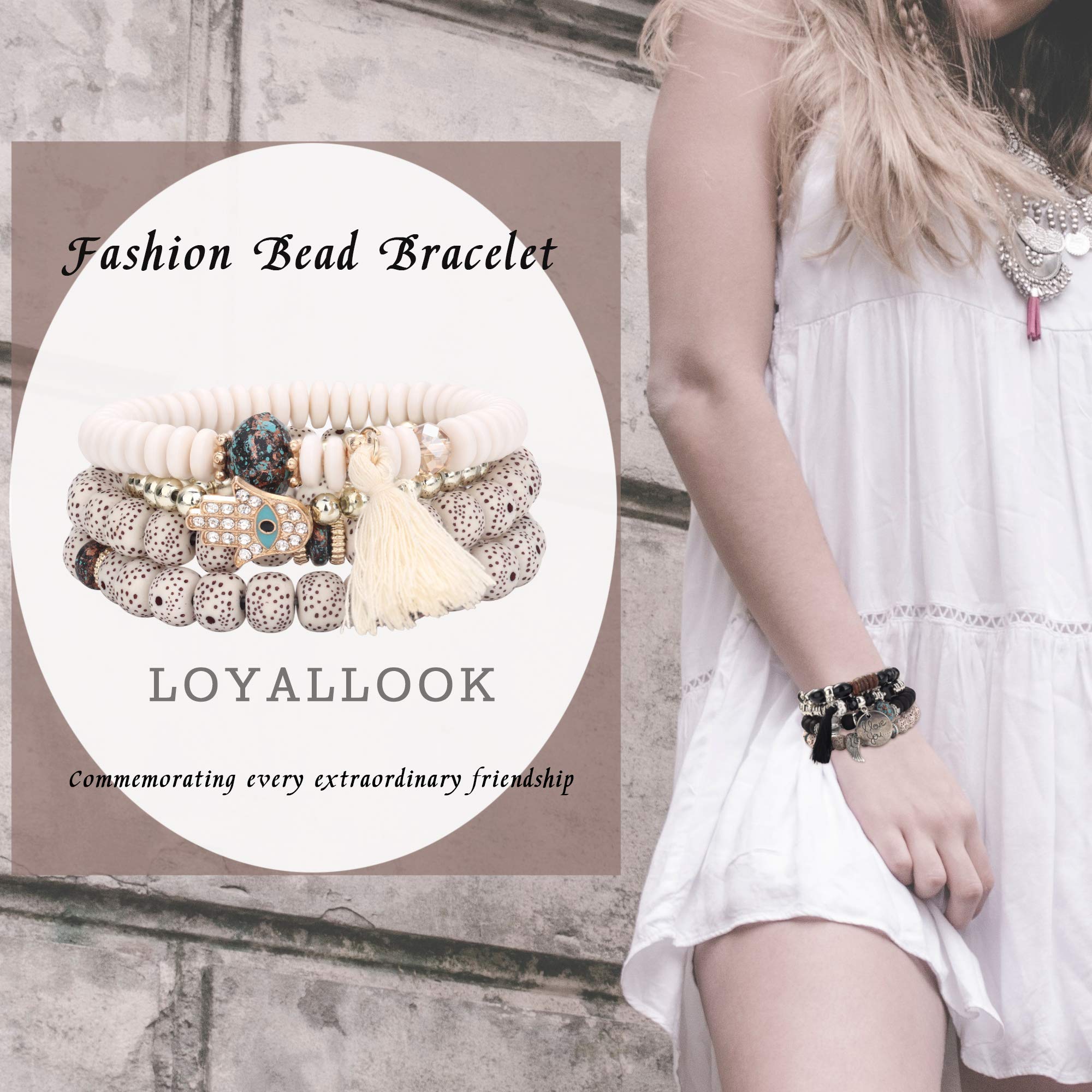 LOYALLOOK 8 Sets Bohemian Stackable Bead Bracelets for Women - Stretch Multilayered Boho Bracelet Set with Colorful Beads, Tassels & Charms | Handmade Jewelry for Festival, Beach, Party & Everyday Wear