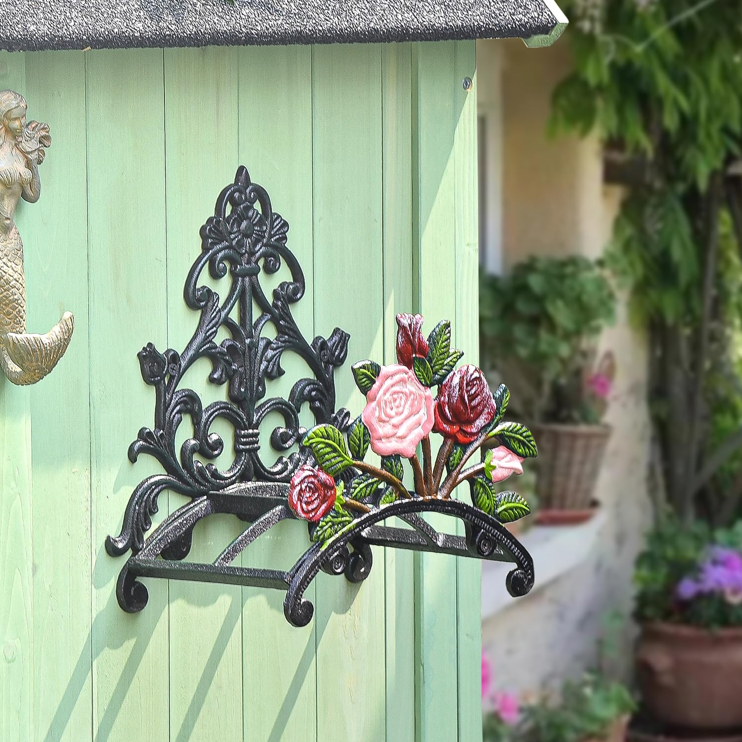 Heavy Duty Cast Iron Garden Hose Holder - Decorative Hand-Painted Peony Wall Mounted Hose Hanger - Outdoor Water Hose Storage Rack - Metal Hose Stand for Yard, Garden, and Patio Organization