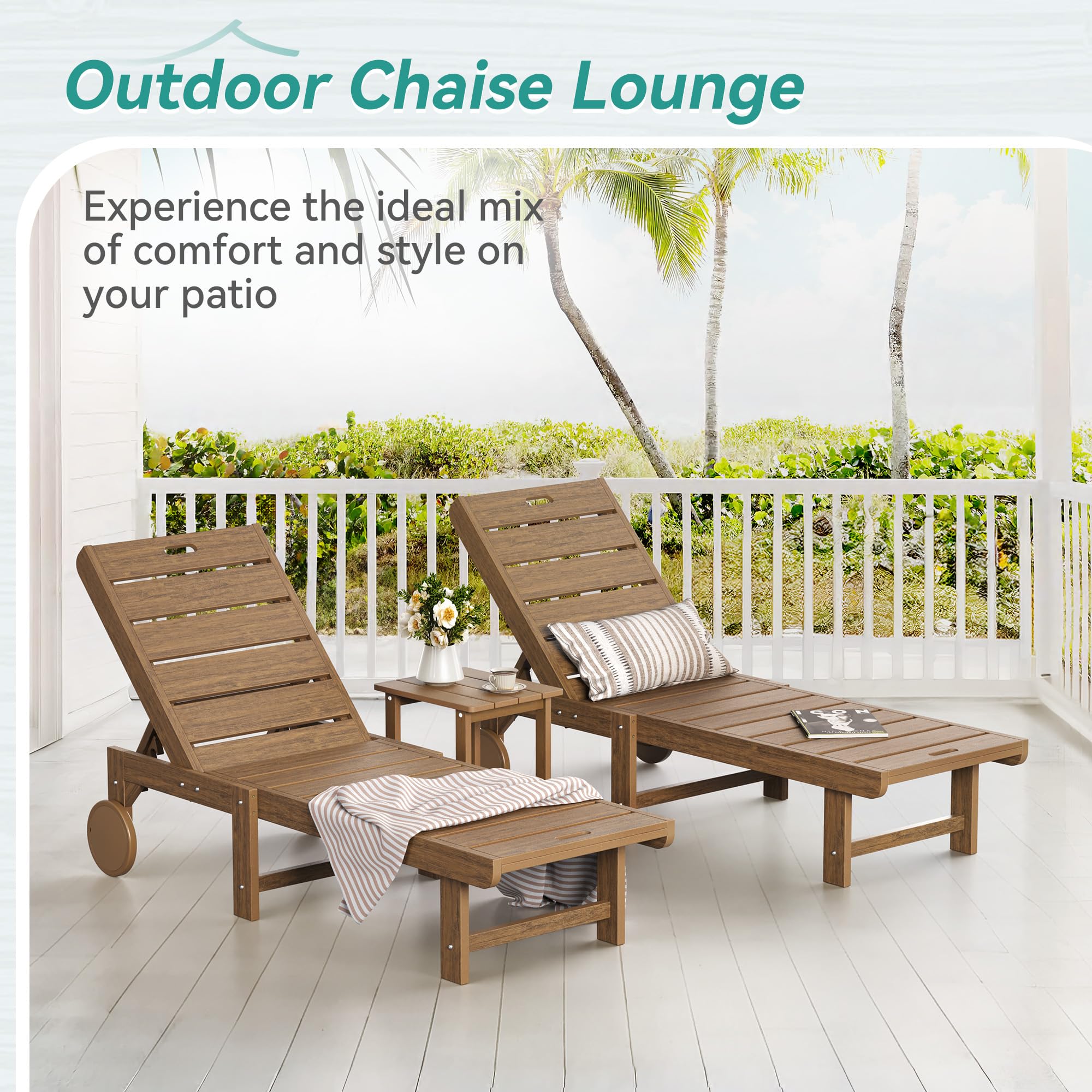 2-Pack HDPS Outdoor Lounge Chairs with 5-Position Adjustable Backrest & Wheels - Patio, Poolside & Beach Chaise Lounge Set (Brown) - Perfect for Sunbathing, Relaxing by the Pool or Coastal Getaways