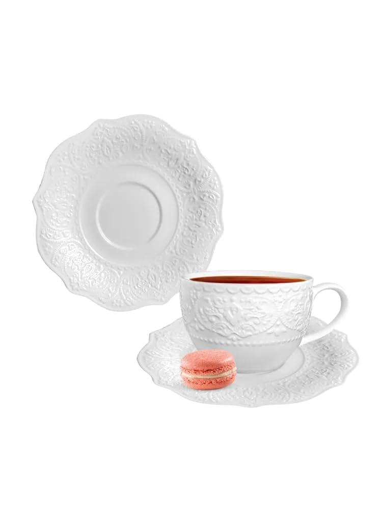TUDOR ROYAL 12-Piece White Porcelain Cup and Saucer Set - Service for 6 with WHITEHALL Embossed Design & Scalloped Edges - Elegant Tea Set for Afternoon Tea, Bridal Shower, and Home Decor