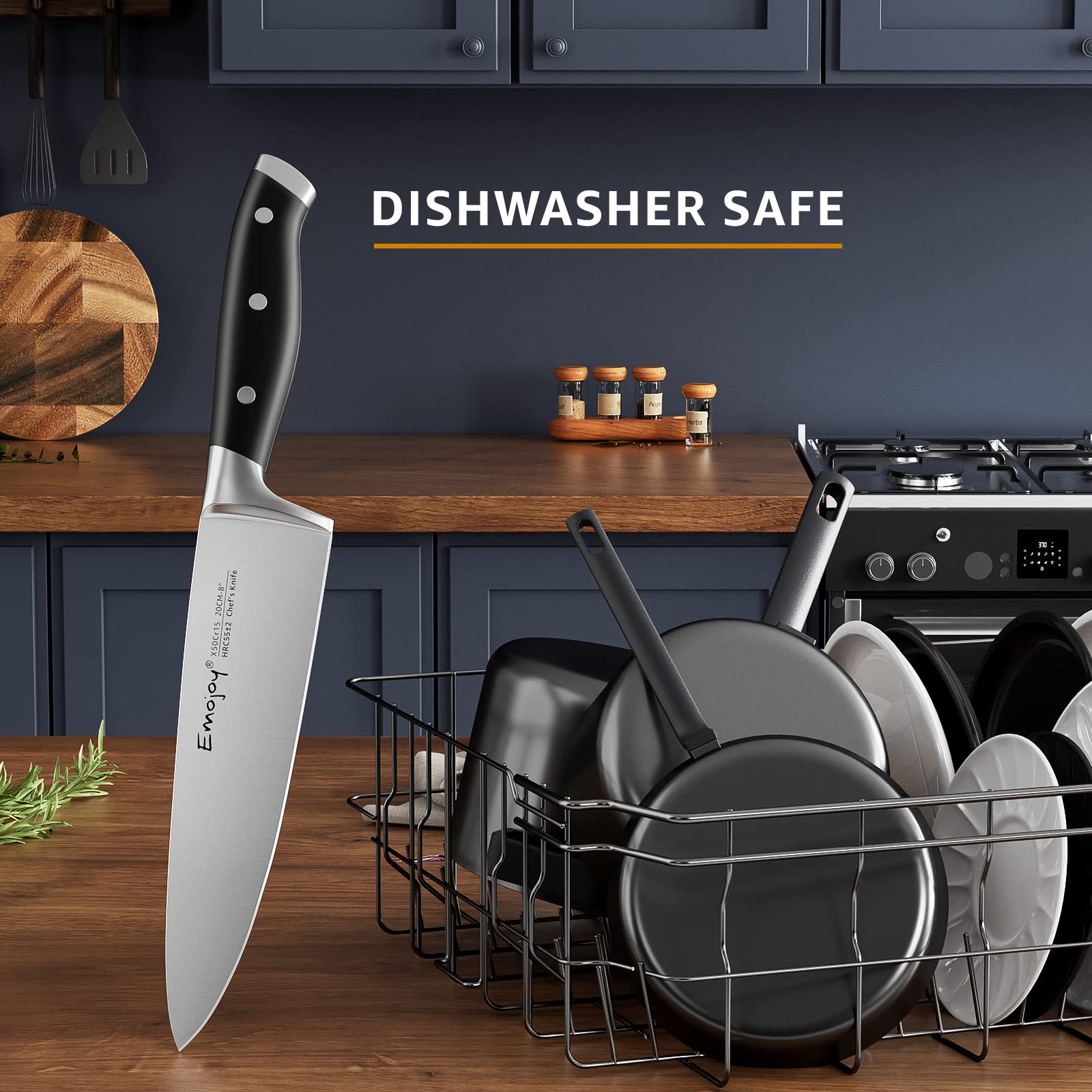 18-Piece Emojoy Professional Kitchen Knife Set with Wooden Block - German Stainless Steel Chef Knives with Manual Sharpener - Perfect for Home Cooking, Restaurant Use & Gift Giving