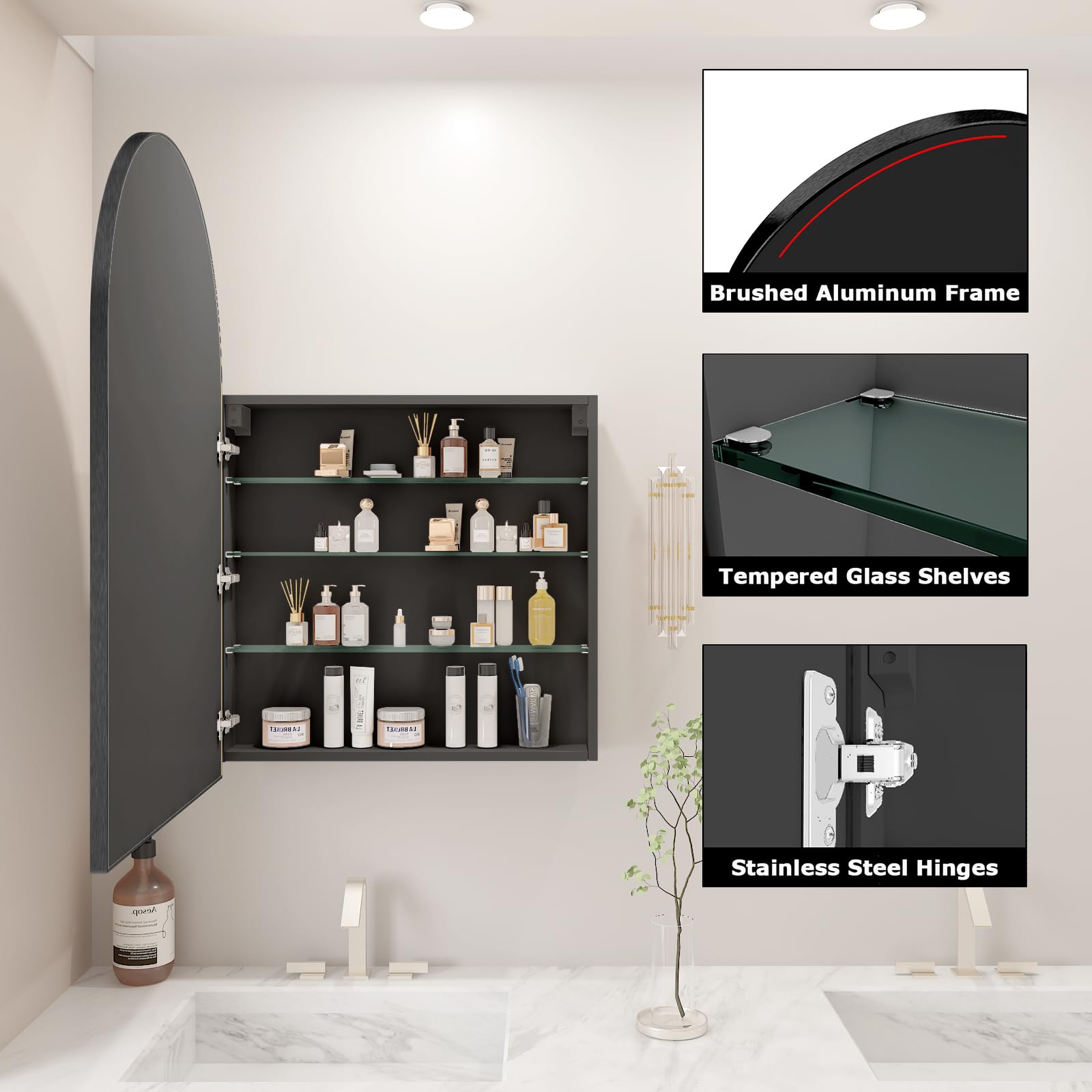 FKWin Arched Medicine Cabinet with Mirror - Aluminum Alloy Brushed Frame Bathroom Storage Mirror - 3 Adjustable Shelves Vanity Mirror - Surface Wall Mounted (Not Recessed) - 24x36 Inches Black - Perfect for Bathroom, Bedroom & Vanity Organization