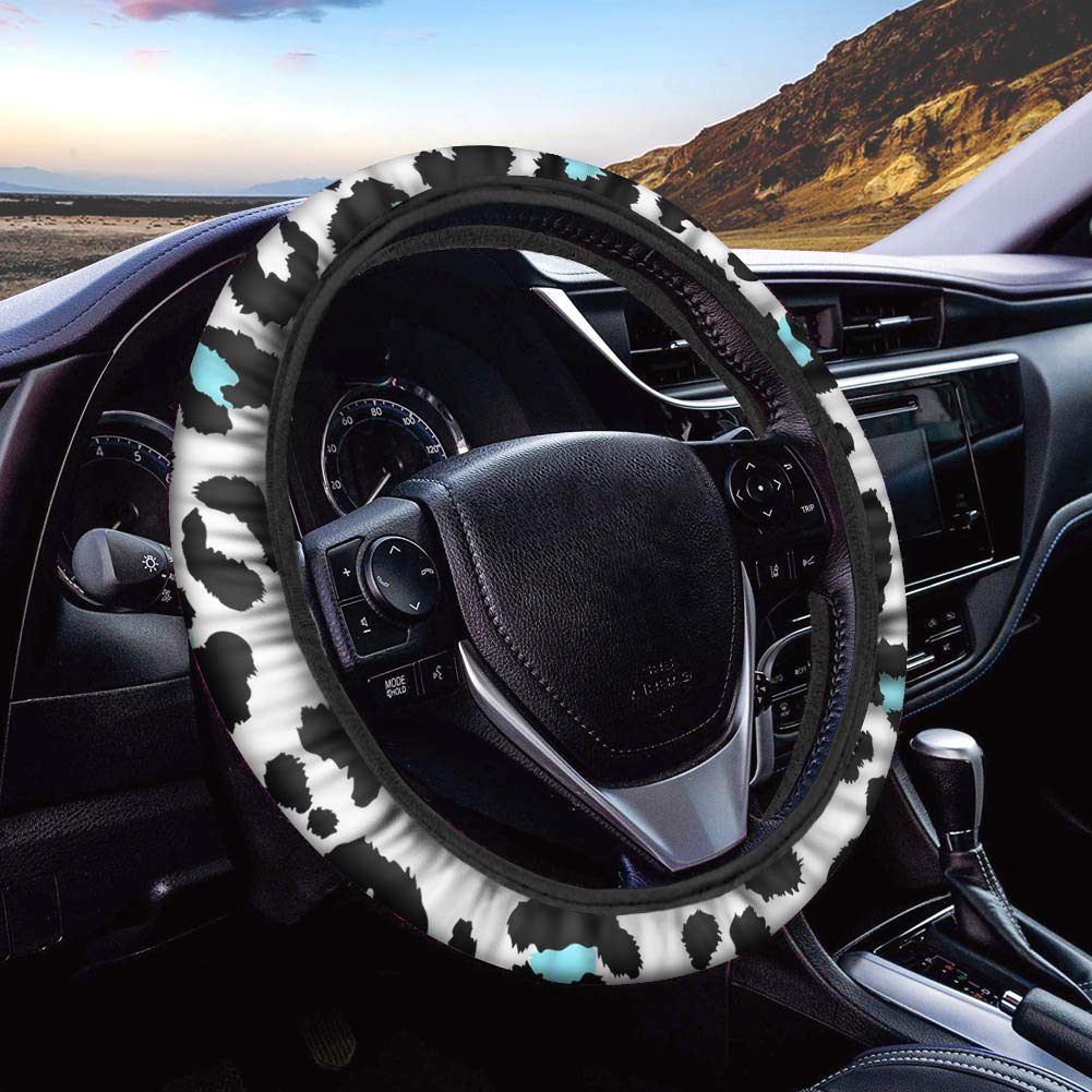 UNICEU Cute Black White Leopard Print Steering Wheel Cover - Universal Fit 15 Inch, Non-Slip Car Wheel Protector for Women & Girls | Perfect for Daily Commute, Road Trips & Gift Giving