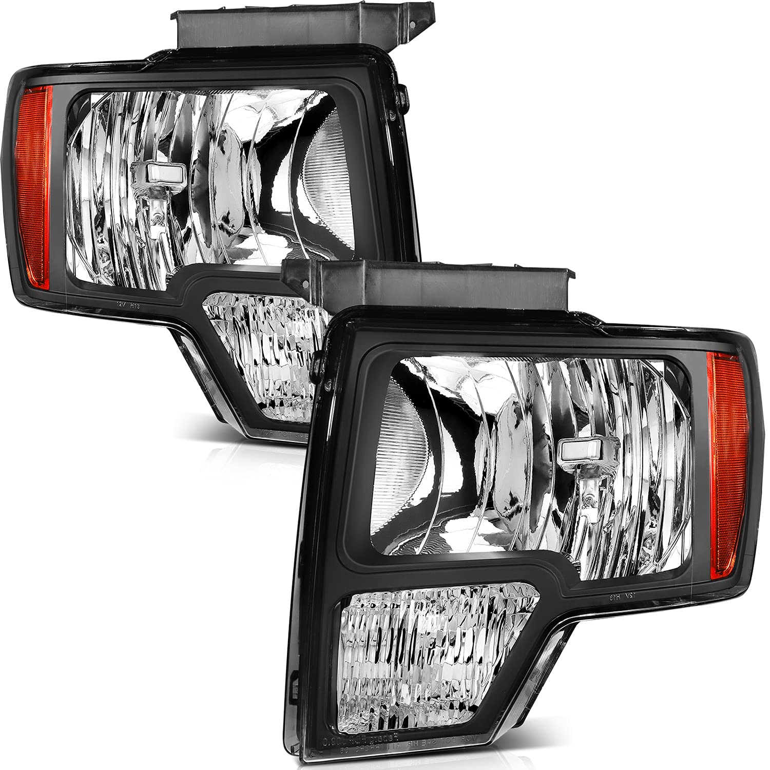 ECCPP Replacement Headlight Assembly Pair for Ford F-150 2009-2014 - Black Housing with Amber Reflector & Clear Lens - Driver & Passenger Side - Perfect for Night Driving & Off-Road Adventures