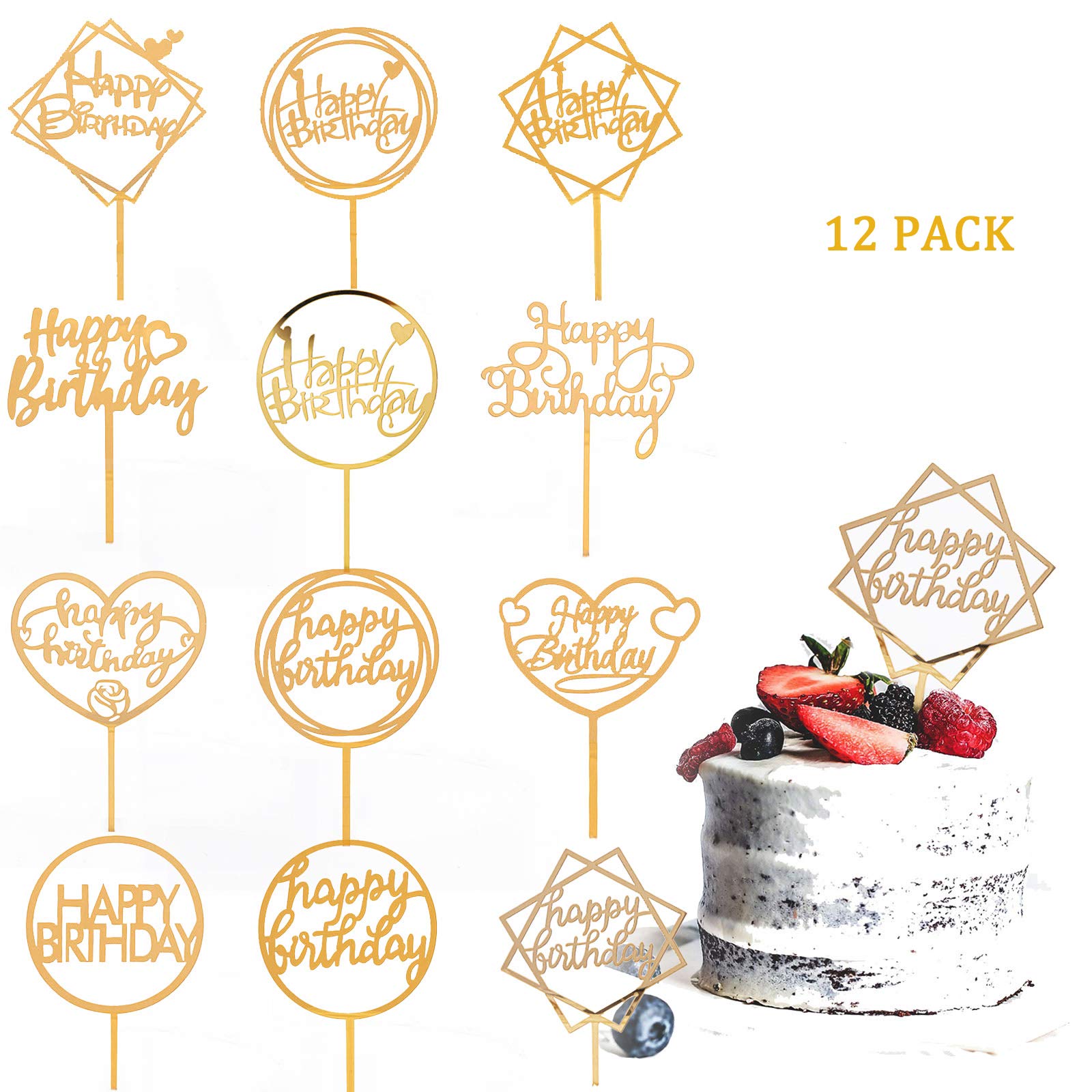 12-Piece Happy Birthday Cake Topper Set - Double-Sided Glitter Acrylic Gold Cupcake Toppers for Birthday Party Decorations (Adults & Kids) - Perfect for Wedding, Baby Shower & Anniversary Cakes