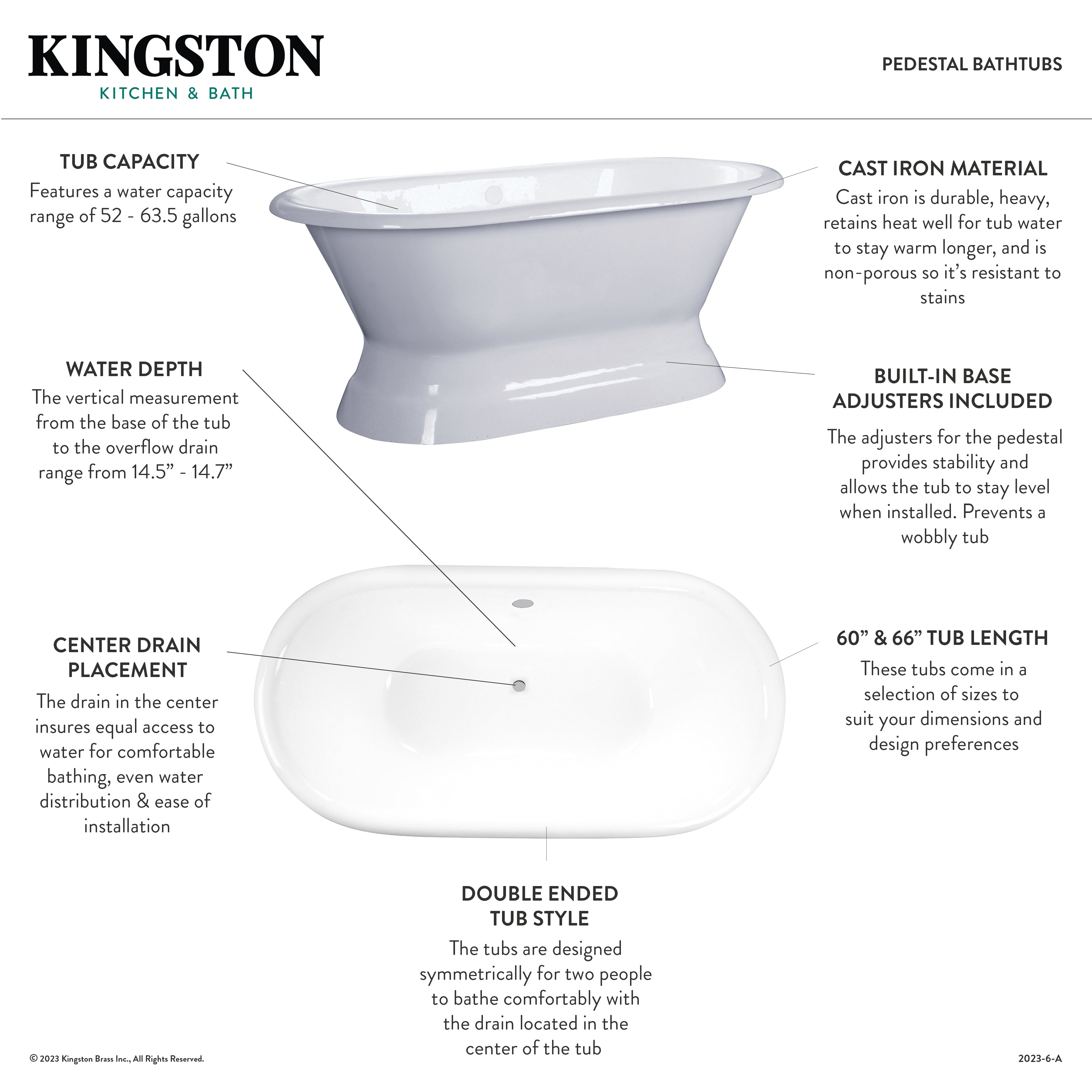 Aqua Eden 66 Inch White Cast Iron Oval Double Ended Pedestal Bathtub - No Faucet Drillings | Freestanding Soaking Tub for Luxury Bathroom & Spa Relaxation