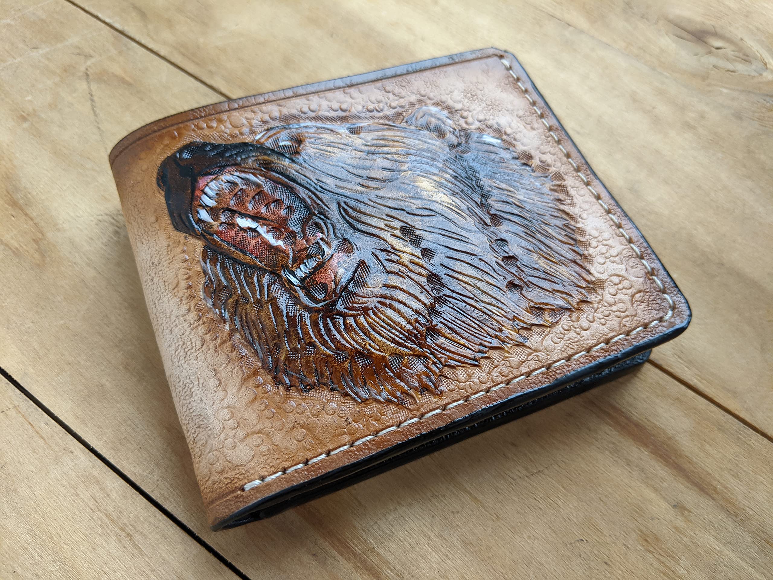 Grizzly Bear Hunting & Fishing 3D Genuine Leather Wallet for Men - Handmade Carved Bifold Wallet with Airbrush Art - Custom Personalized Tooled Leather Wallet for Outdoor Enthusiasts & Gift Giving