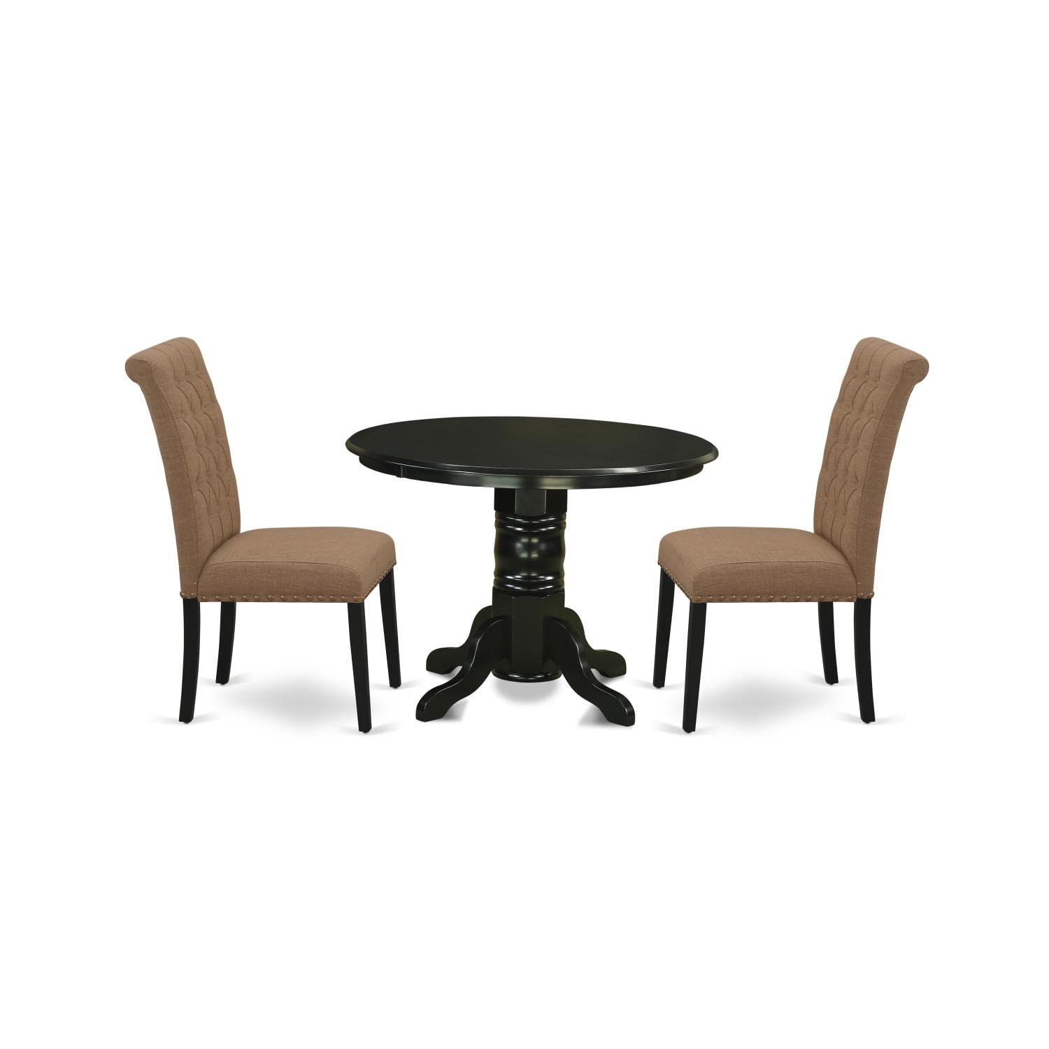East West Furniture SHBR3-BLK-17 3-Piece Round Dining Table Set with Pedestal Base & 2 Upholstered Chairs - 42 Inch Black Kitchen Table for Small Spaces, Breakfast Nook, Apartment Dining