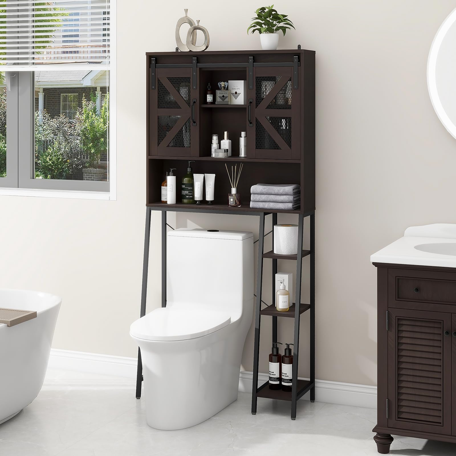Farmhouse Over The Toilet Storage Cabinet with 2 Sliding Barn Doors - Space Saving Bathroom Organizer for Toiletries, Towels & Laundry - Perfect for Small Bathrooms, Restrooms & Apartment Living (Espresso Finish)