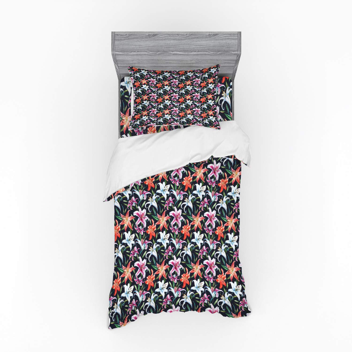 Ambesonne Floral Duvet Cover Set - Watercolor Tropical Lilies Hawaiian Aloha Design, 3-Piece Bedding Set with Pillow Sham & Fitted Sheet, Twin XL Size, Multicolor - Perfect for Beach House, Tropical Bedroom, or Summer Home Decor