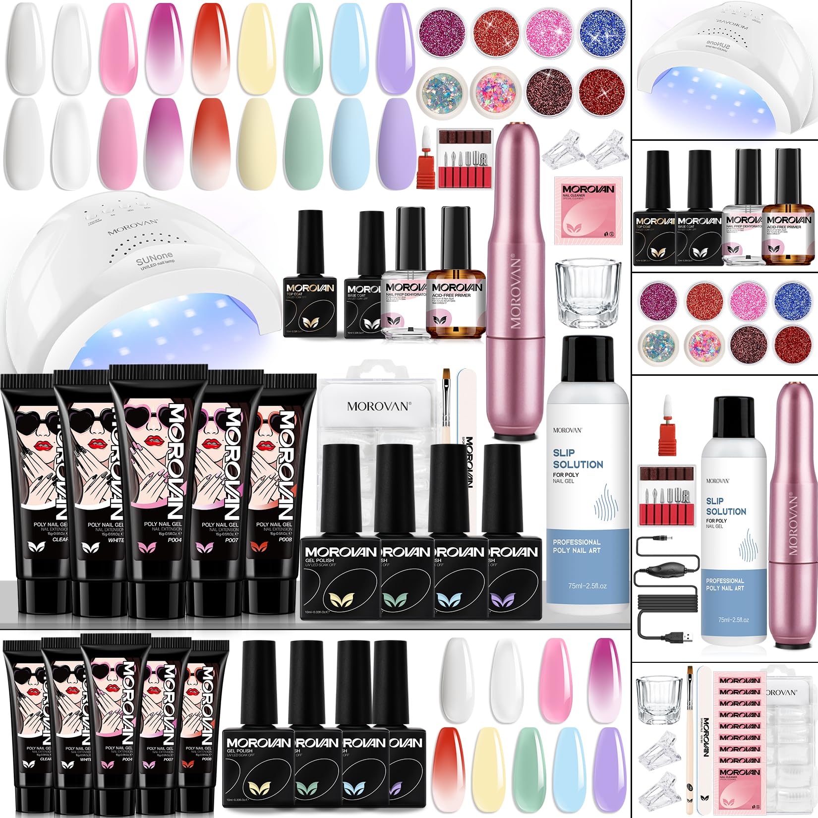 Morovan Poly Gel Nail Kit with Drill & 48W UV/LED Lamp - Professional Nail Extension Starter Set for Beginners | DIY Nail Art Supplies with Luminous Builder Gel | Perfect for Home Manicure & Salon Use
