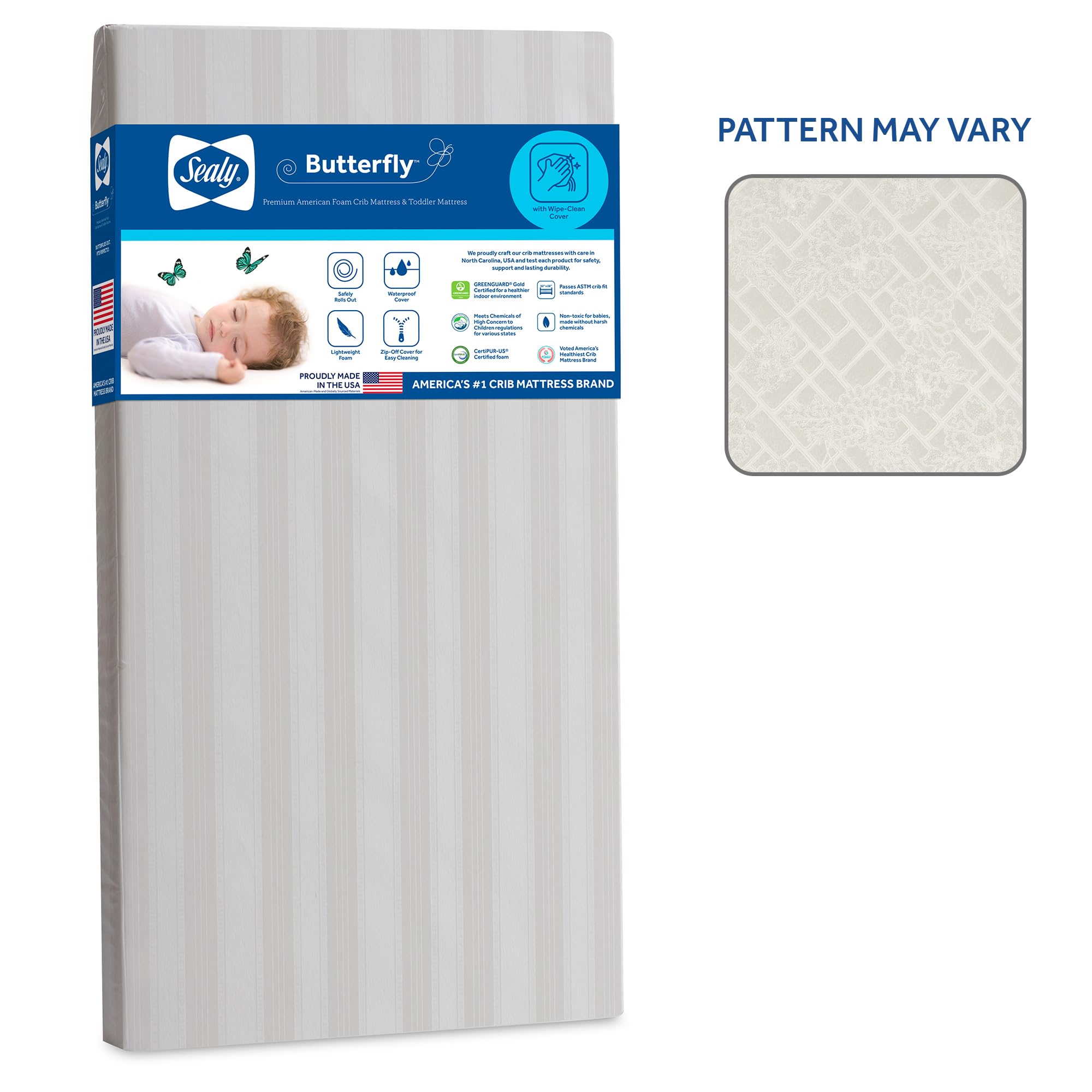 Sealy Baby Butterfly Crib Mattress & Toddler Bed - Premium American Foam, Washable Zip-Off Cover, GREENGUARD Gold Certified, Safety Tested, Made in USA, 52