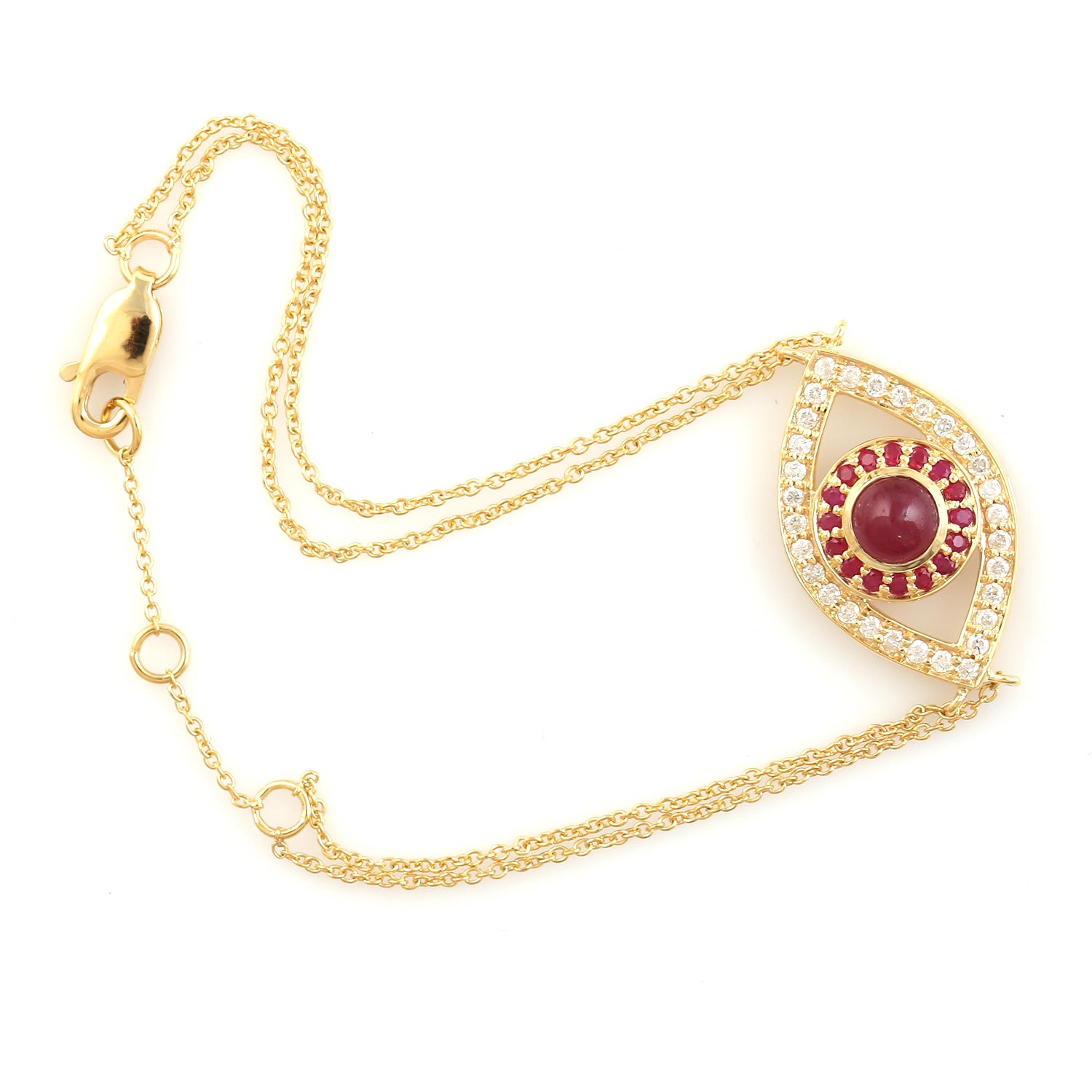 14K Yellow Gold Bezel Set Ruby Pave Diamond Evil Eye Bracelet - Adjustable & Flexible for Protection & Style - Perfect for Everyday Wear, Gifts & Spiritual Jewelry