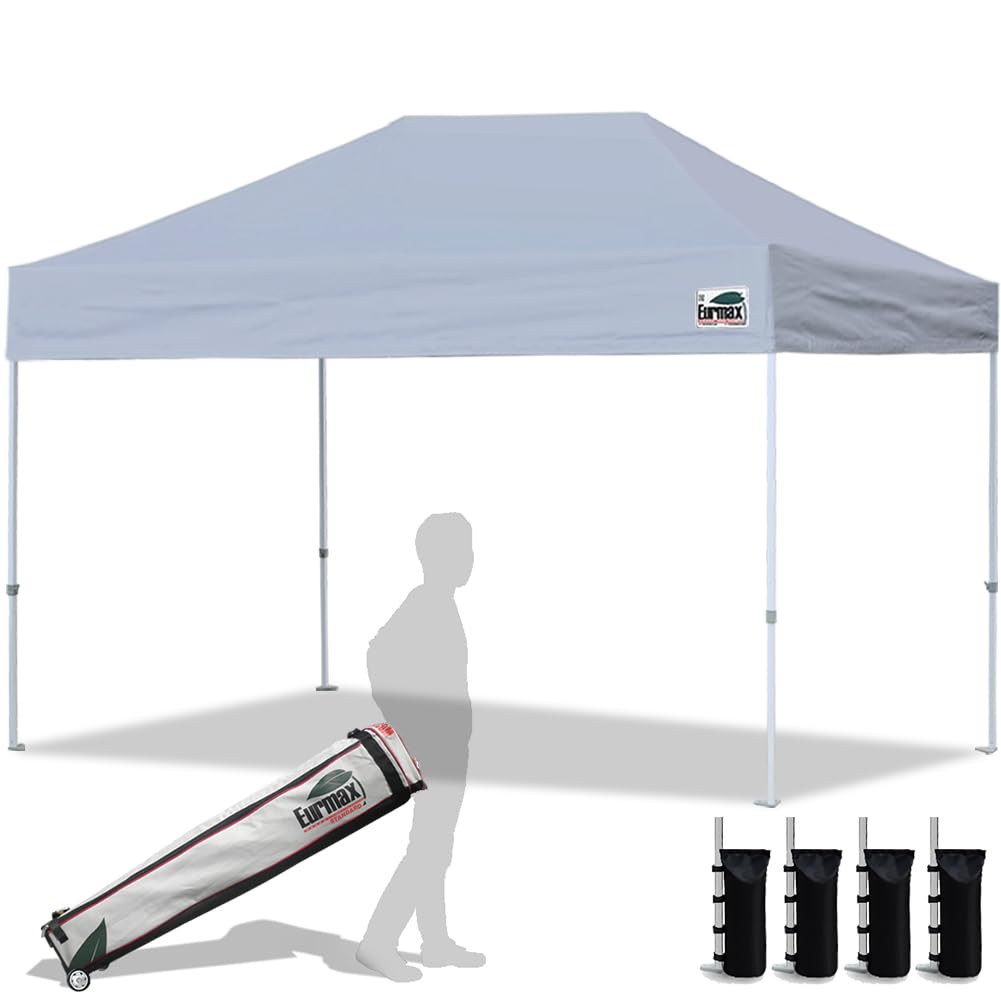Eurmax USA 8'x12' Heavy Duty Pop Up Canopy Tent - Commercial Instant Shelter with Roller Bag & 4 Sand Weight Bags (Grey) - Perfect for Outdoor Events, Farmers Markets, Beach Parties & Camping