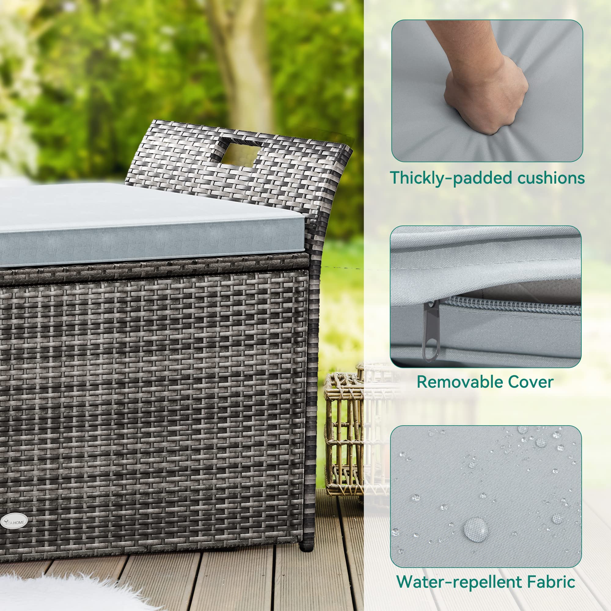 YITAHOME 90 Gallon Outdoor Wicker Storage Bench with Cushion - Large PE Rattan Deck Storage Box with Handles & Hydraulic Lid - Perfect for Patio Furniture, Cushions, Garden Tools, Pool & Sports Equipment - Light Gray - Ideal for Backyard, Deck, Poolside & Outdoor Storage Organization