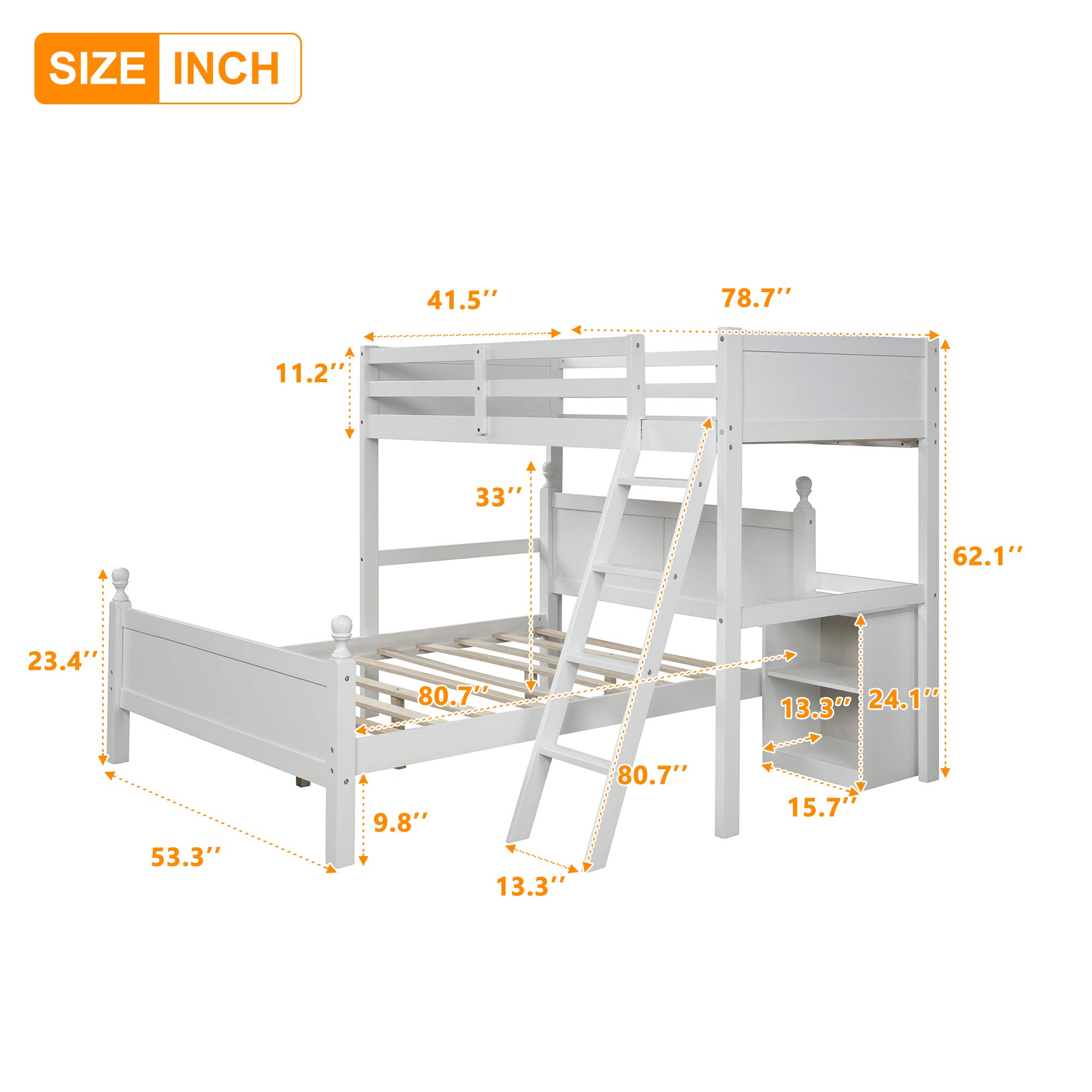 KLMM Twin Over Full Bunk Bed - Solid Wood Loft Bed Frame with Cabinet, Ladder & Guardrail | Convertible to 2 Separate Beds | Space-Saving Kids Bedroom Furniture (White) | Perfect for Small Rooms, Shared Kids Bedrooms & Guest Rooms