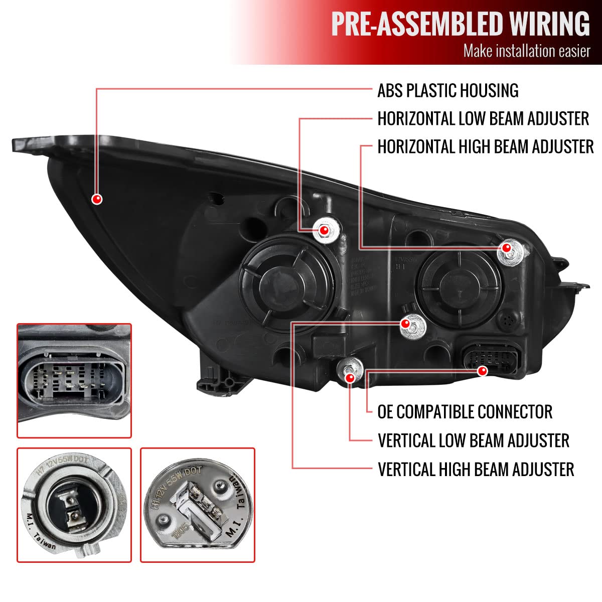 Ford Focus 2012-2014 Black Projector Headlights with LED DRL Strip & Turn Signal Lamps - Upgrade Your Car Lighting for Night Driving & Enhanced Visibility