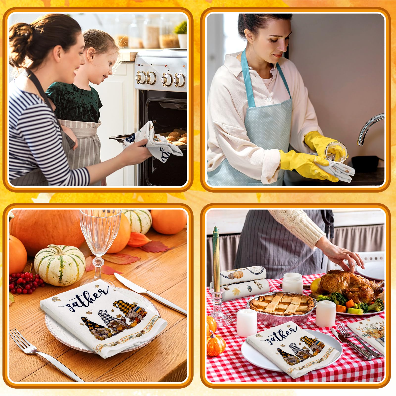 6-Piece Happy Fall Kitchen Towel Set - Thanksgiving Pumpkin & Autumn Harvest Dish Towels - Farmhouse Cotton Tea Towels with Truck, Gnomes & Bikers Design - Perfect for Farmhouse, Home Kitchen & Fall Decorations