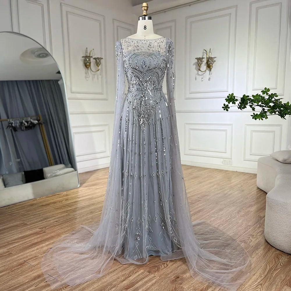 Luxury Designer Blue Beaded Stone Arabic Evening Dress with Cape Sleeve LA72635 - Elegant Formal Gown for Weddings, Galas & Special Occasions
