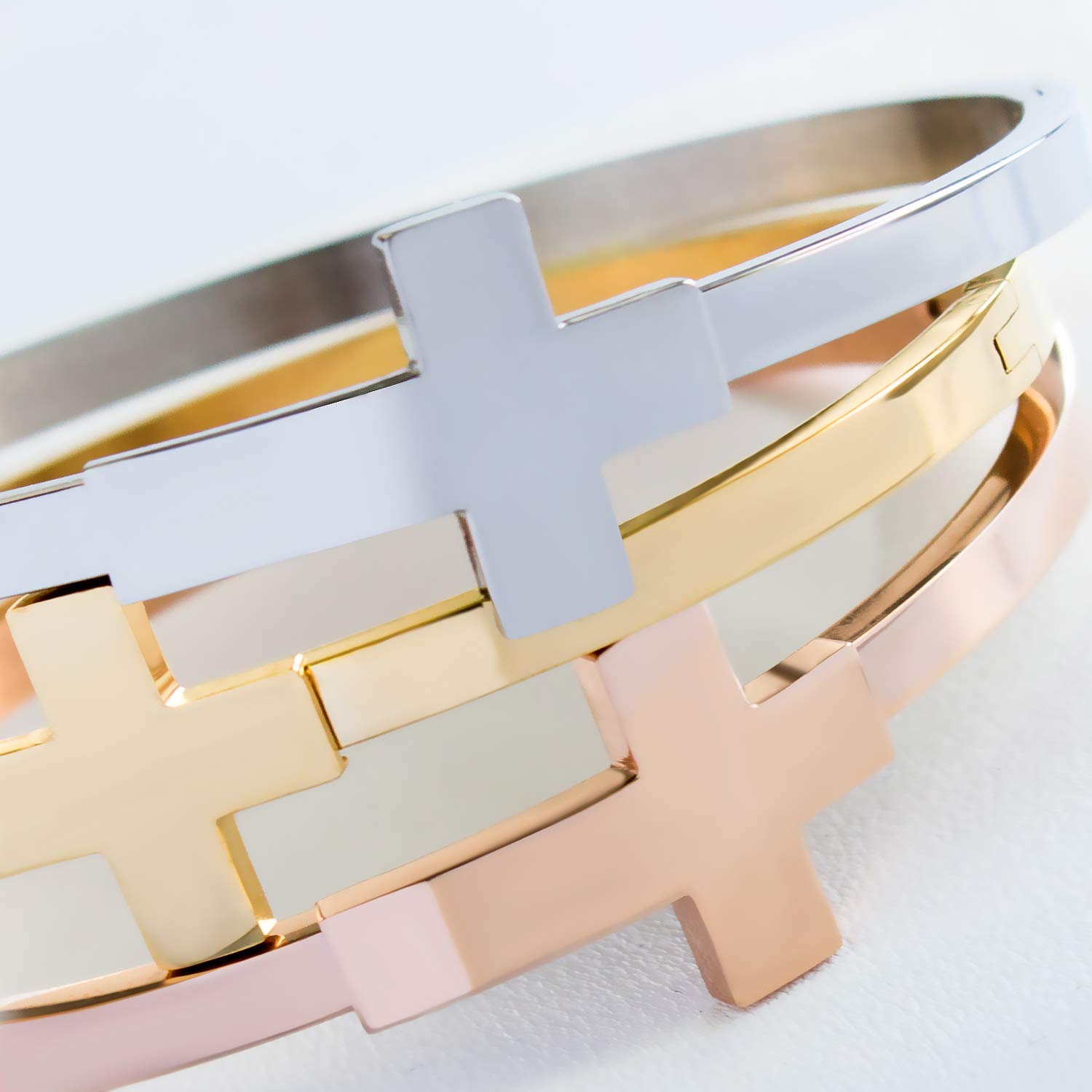 555Jewelry Stainless Steel Sideways Cross Cuff Bangle Bracelet for Women - Hypoallergenic Hinge Lock Design - Elegant Religious Jewelry for Everyday Wear & Special Occasions