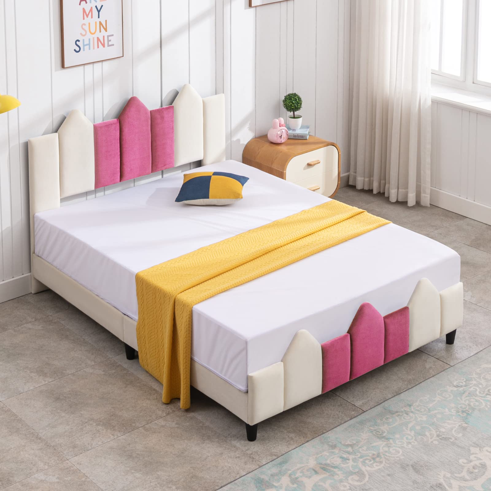 **Full Size Kids Bed Frame with Headboard - Upholstered Platform Bed for Girls & Teens, No Box Spring Needed, Easy Assembly (Pink/White) - Perfect for Bedrooms, Dorms & Playrooms**