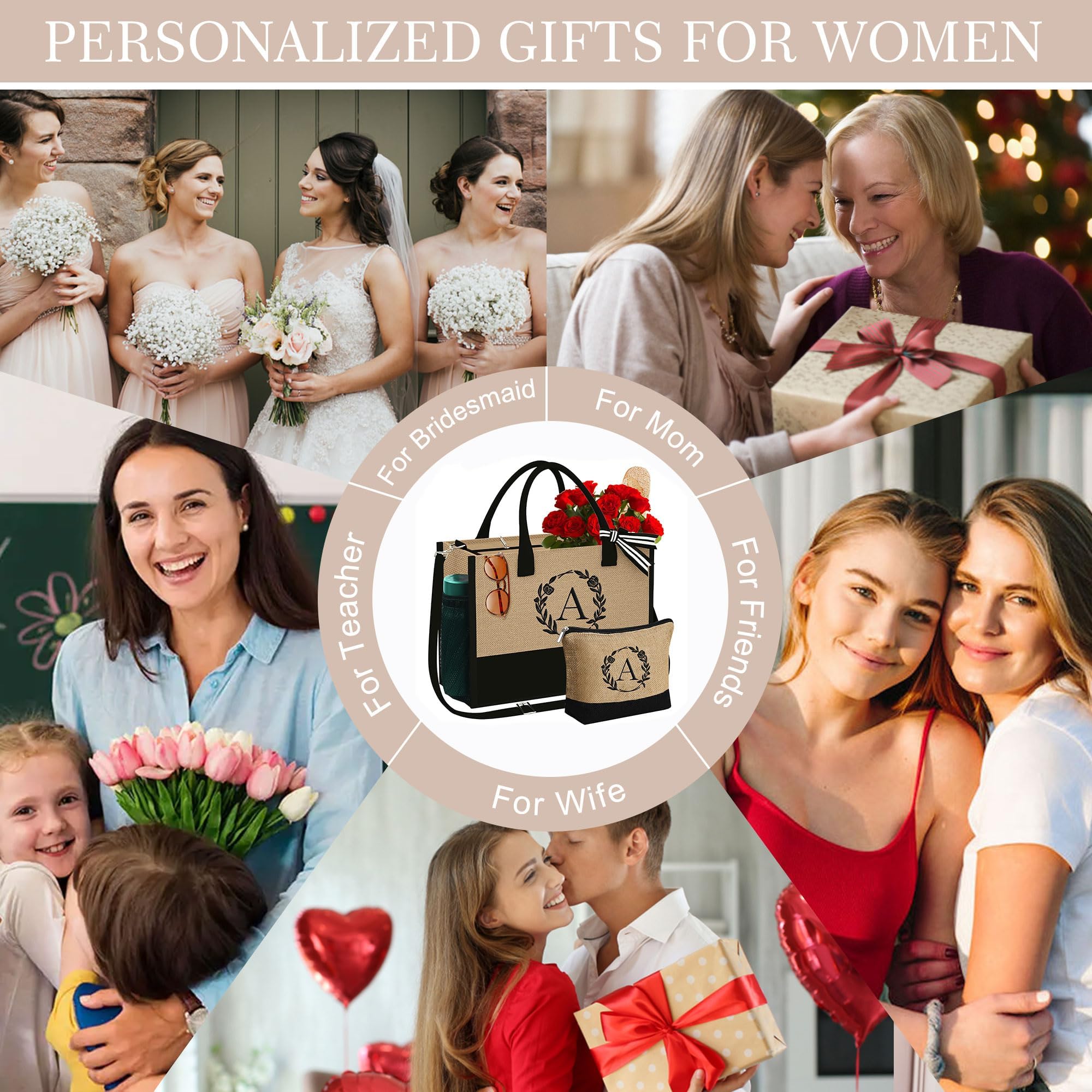 YOOLIFE Personalized Initial Jute Tote Bag & Makeup Bag Set - Best Birthday Gifts for Women, Wife, Mom, Teacher, Friend - Perfect for Shopping, Travel & Daily Use