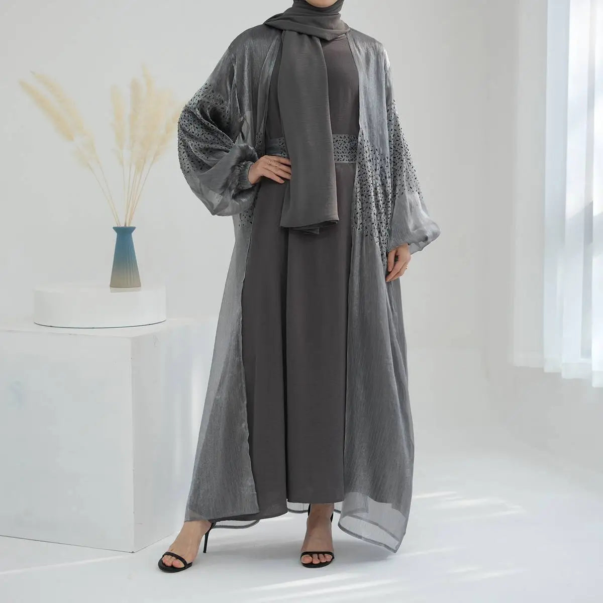 2 Piece Set Bright Wrinkle Puff Sleeve Open Abaya Dress - Elegant Muslim Women's Prayer Dress for Mosque, Eid & Special Occasions