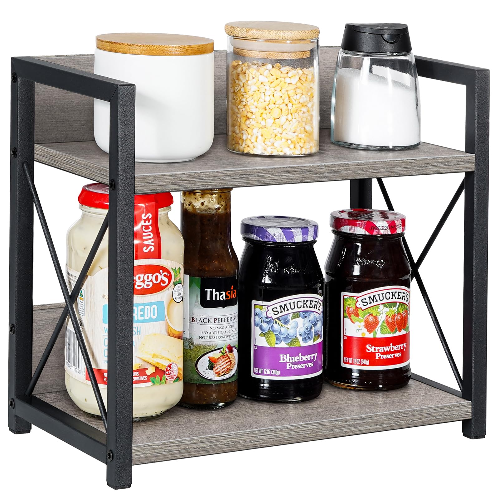 2-Tier Wooden Countertop Shelf Organizer - Kitchen Spice Rack & Coffee Bar Organizer for Home (Grey, Small Size) | Perfect for Pantry Storage, Bathroom Shelving & Office Desk Organization