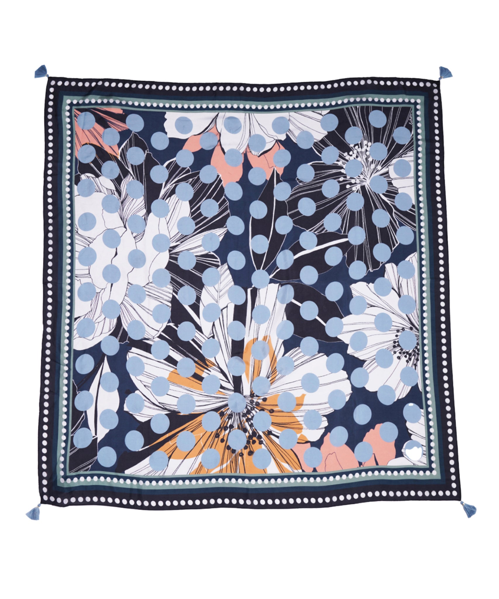 Dotty Floral 42 Inch Tassel Square Scarf - Lightweight Fashion Scarf for Women, Boho Style Accessory for Spring & Summer Outfits, Perfect for Beach, Travel and Casual Wear