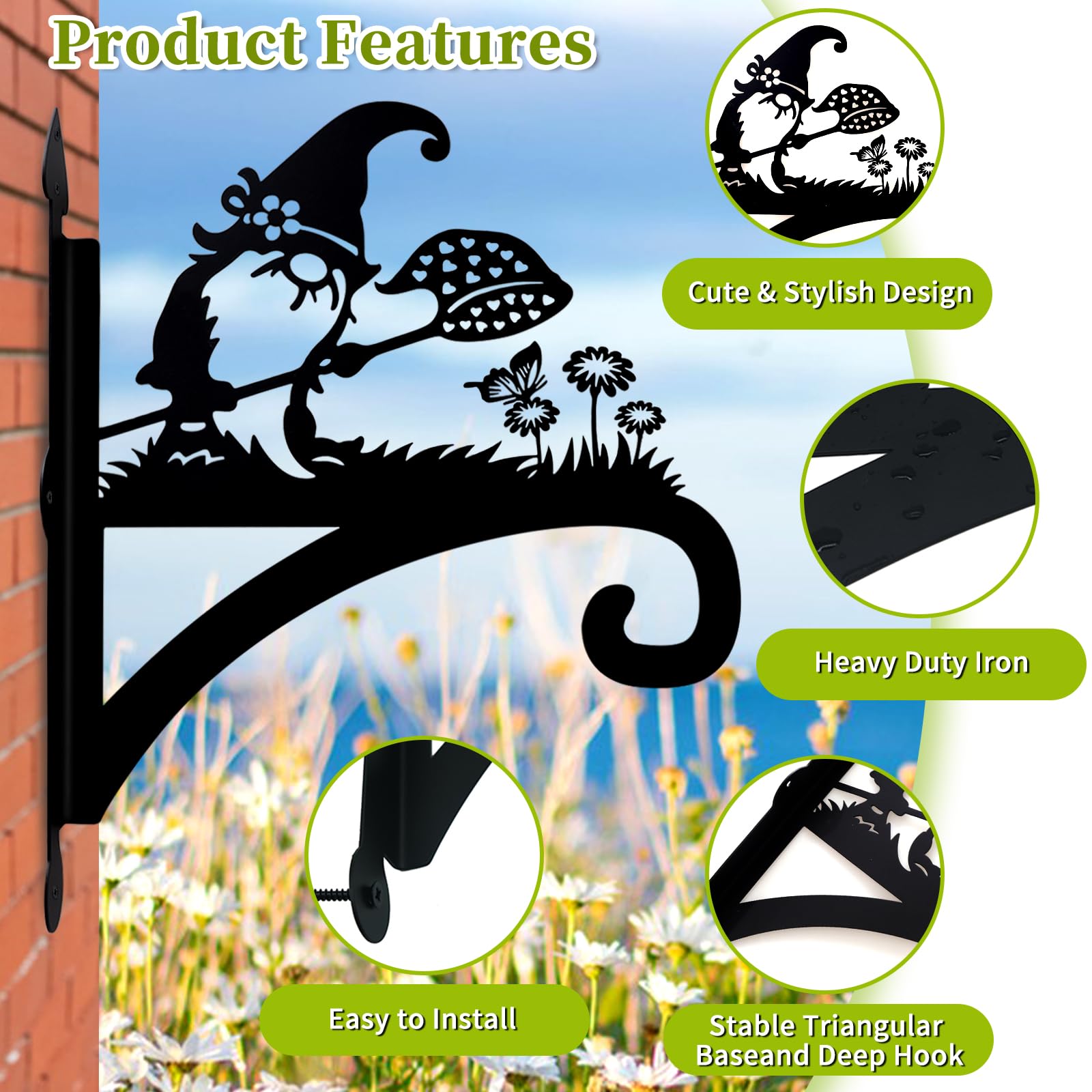 Heavy Duty Iron Gnome Silhouette Plant Hangers - 11 Inch Decorative Outdoor Hanging Brackets for Flower Pots, Bird Feeders, Lanterns & Wind Chimes - Perfect for Garden, Patio, and Porch Decor