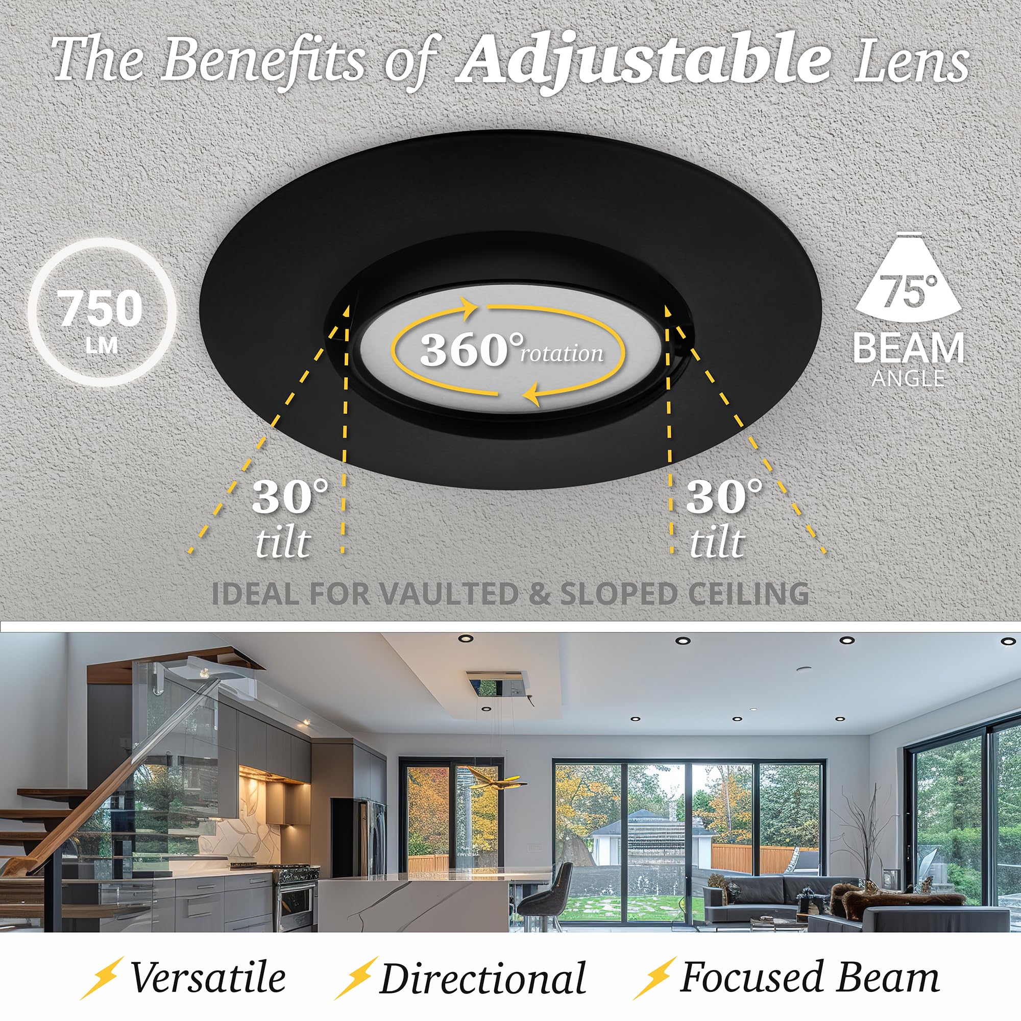 NUWATT Black 4 Inch Gimbal Retrofit LED Recessed Lighting - 5CCT Selectable (2700K-5000K), 750lm High Brightness, 10W, Adjustable Sloped Ceiling Light, Dimmable Eyeball Lights - 6 Pack - Perfect for Living Rooms, Kitchens & Bedrooms