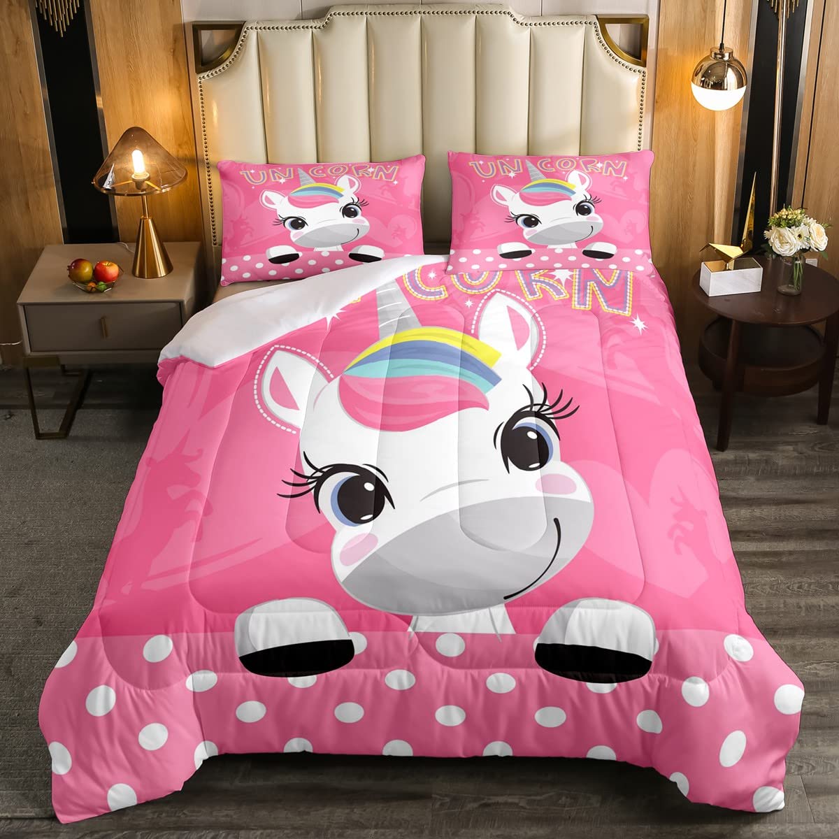 Rainbow Unicorn Bedding Set for Girls - Kawaii Twin Size Quilted Duvet Cover & Pillowcase Set - Cute Cartoon Magical Animal Comforter for Kids - Princess Pink Dots Bedroom Decor - Perfect for Birthday Gifts, Nursery Room, and Sweet Dreams