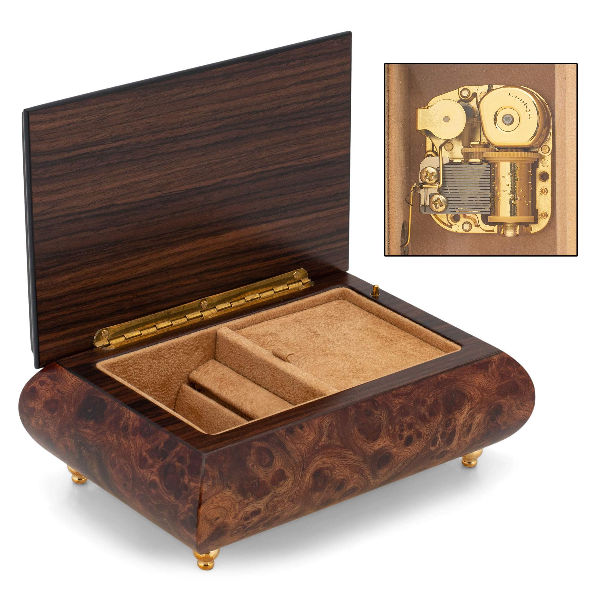 Exquisite Italian Handcrafted Inlaid Olmo Wood Musical Jewelry Box - Plays Clair de Lune - Perfect for Gift Giving, Jewelry Storage & Home Décor