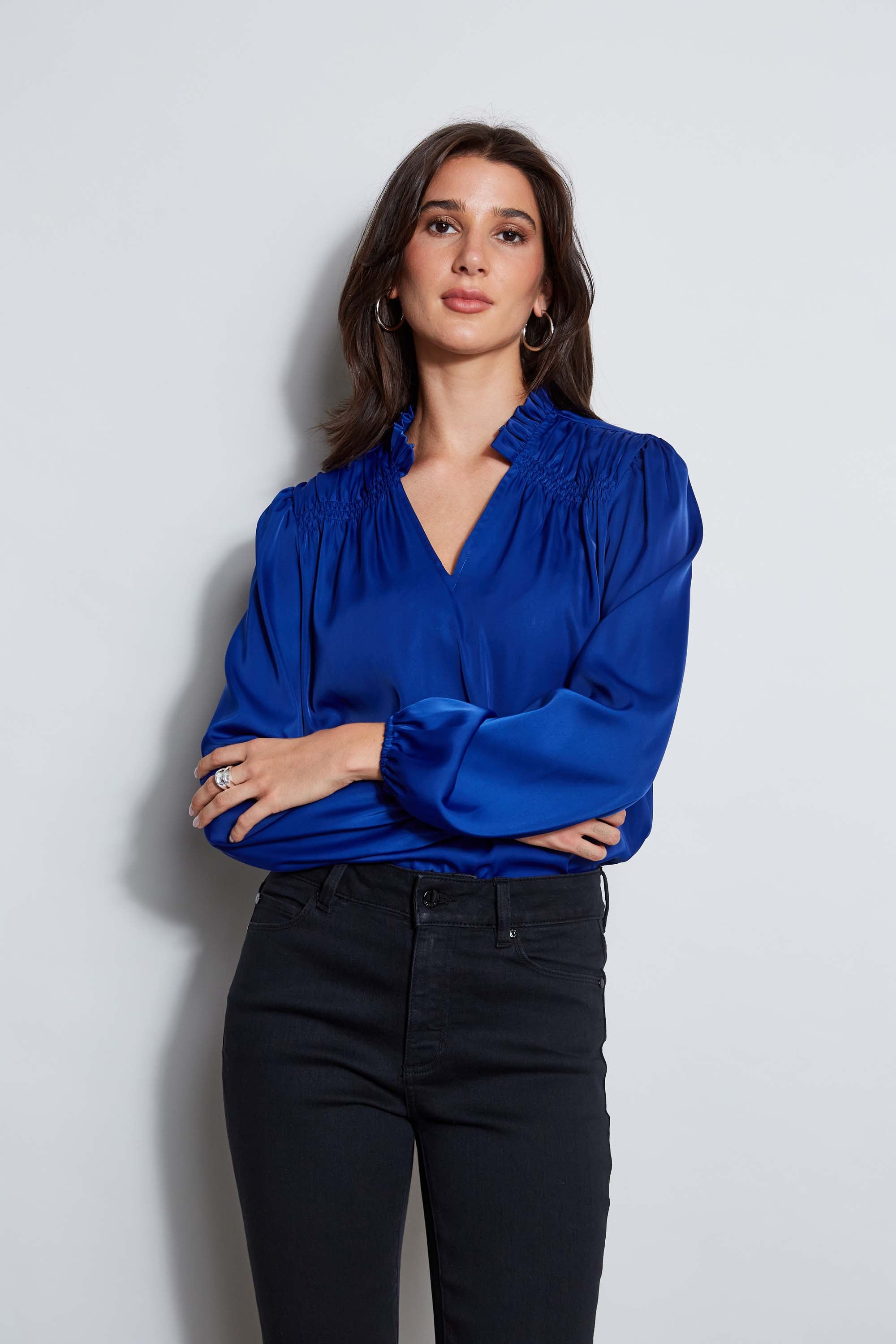 Tahari Women's V-Neck Satin Blouson Shirt - Elegant Long Sleeve Tunic Top for Work, Party & Special Occasions