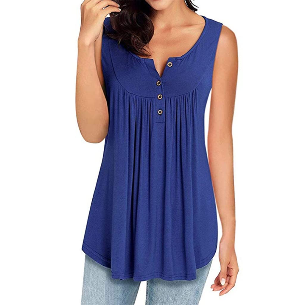 BAPYZ Women's Casual Solid Color Button Pleated Sleeveless Tank Top - Loose Fit Summer Shirt Vest (Blue, Size S) | Perfect for Beach, Vacation & Everyday Wear