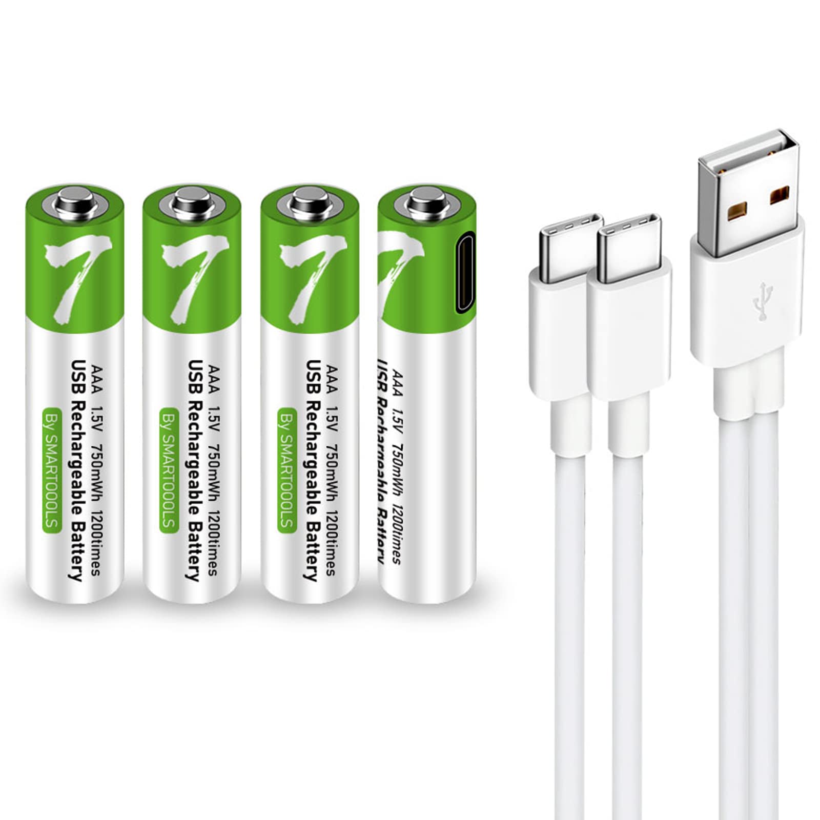 4 Pack Rechargeable AAA Lithium-ion Batteries 750mWh 1.5V with 4-in-1 USB Type C Charger - Long Lasting Power for Cameras, Toys, Flashlights & Electronics