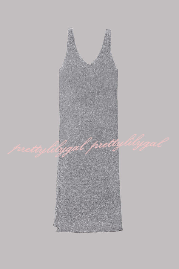 Vacation Breeze Knit Slit Loose Tank Midi Dress - Summer Beach Dress for Women, Casual Sleeveless Flowy Dress for Travel, Vacation, and Outdoor Activities