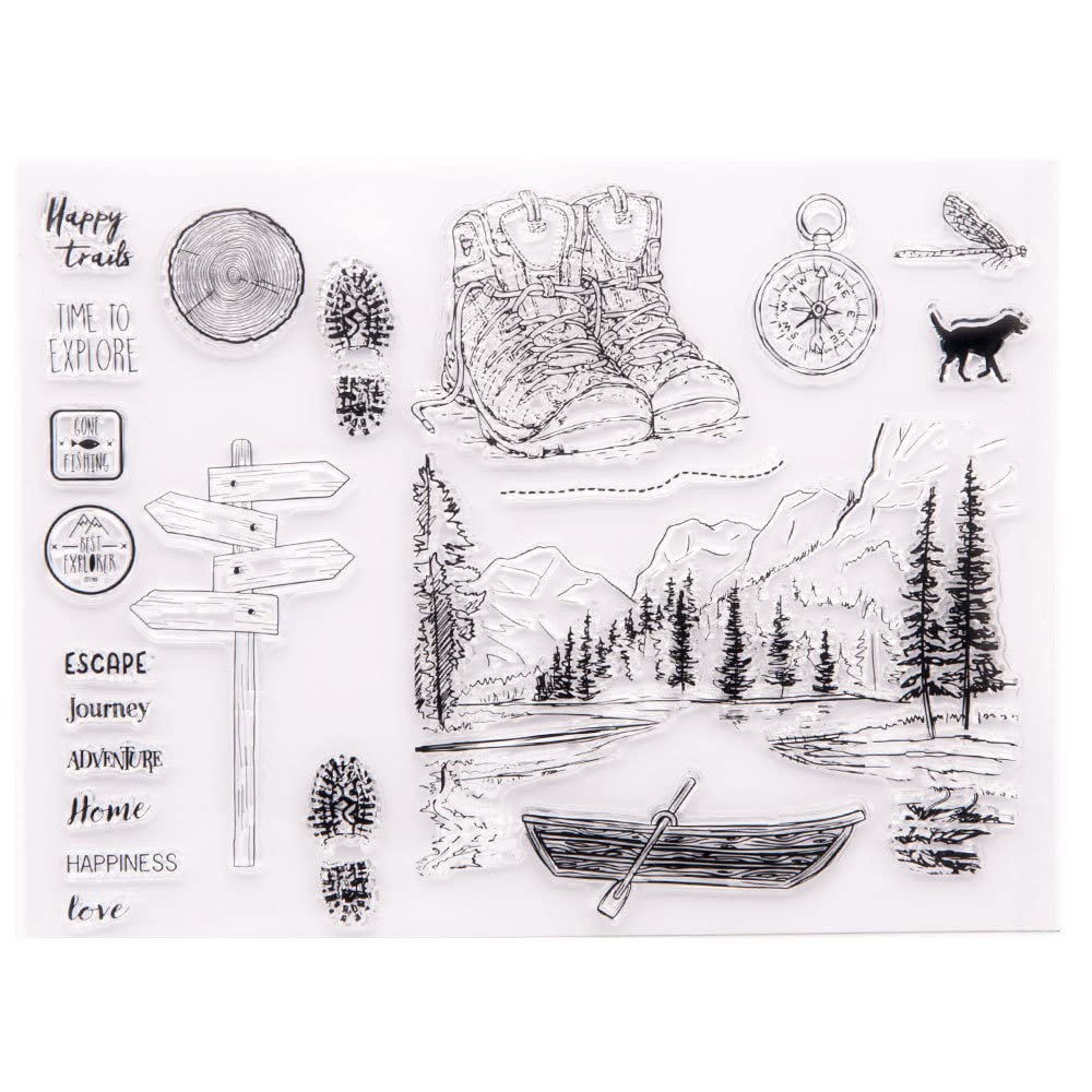 Forest Mountain Lake Scenery Boat Clear Stamps - Transparent Journey Pattern Seal Stamps for DIY Holiday Cards, Scrapbooking & Craft Projects - Perfect for Greeting Cards, Journaling and Memory Albums